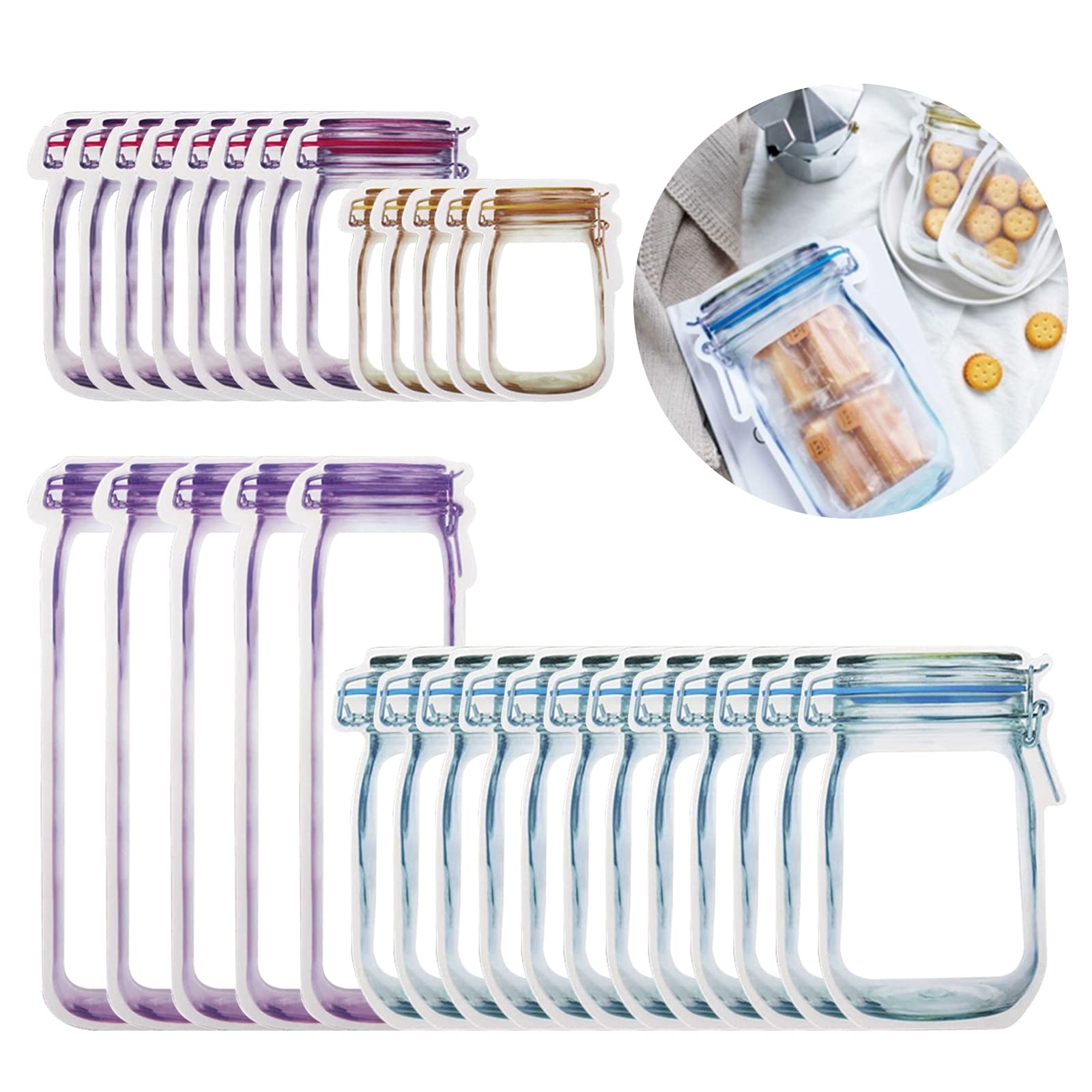 30-Pack Reusable Mason Jar Zipper Bags - Airtight Food Storage Bags for Snacks, Fruits & Meal Prep | Portable Kitchen Organizer for Travel, Camping, Picnic & School Lunch (5 Small, 8 Medium, 12 Large, 5 Tall) | Perfect for Meal Prep, On-the-Go Snacks & Bulk Food Storage