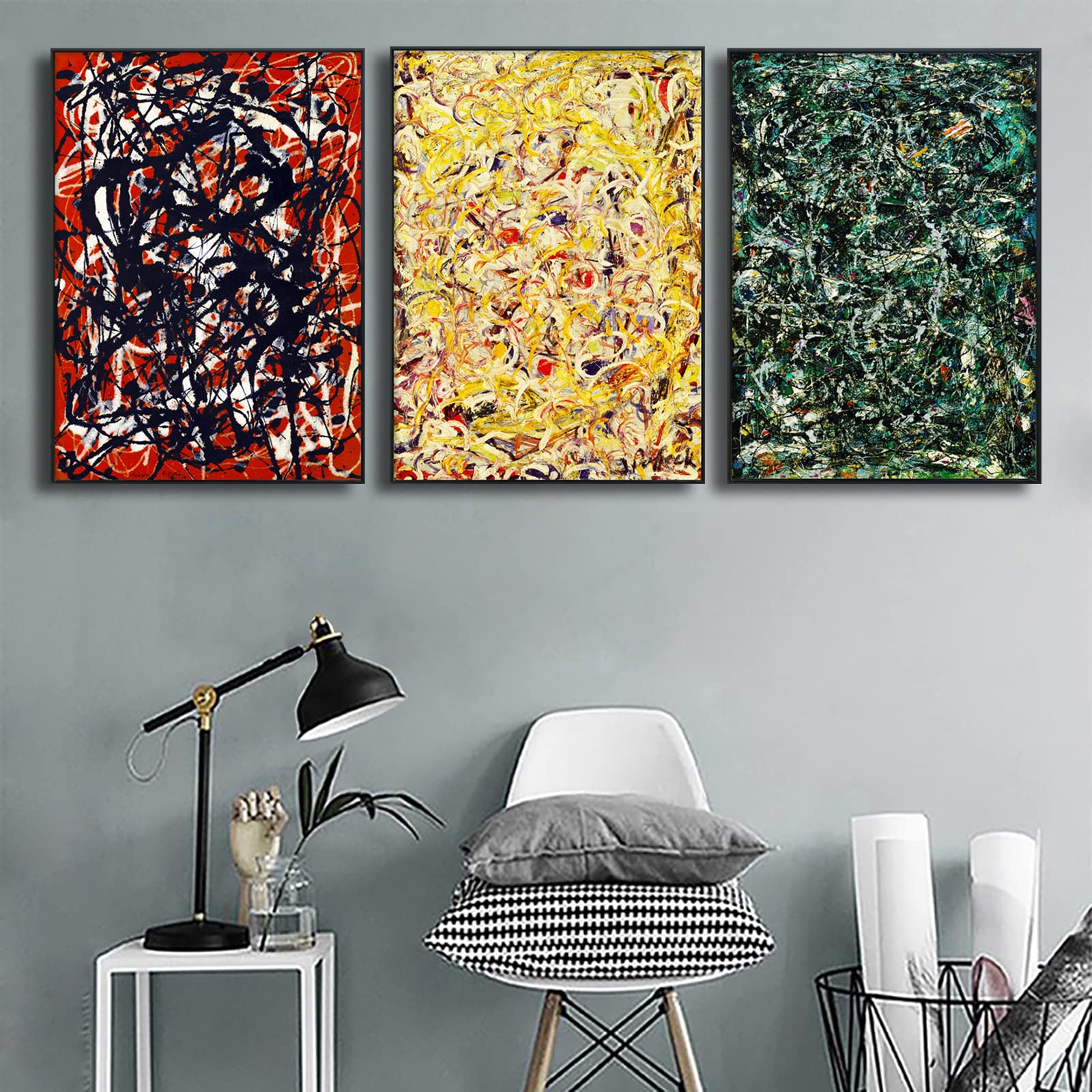 Jackson Pollock Abstract Wall Art Set of 3 - Modern Framed Canvas Prints for Living Room, Bedroom & Home Office Decor | Large Contemporary Artwork for Wall Display