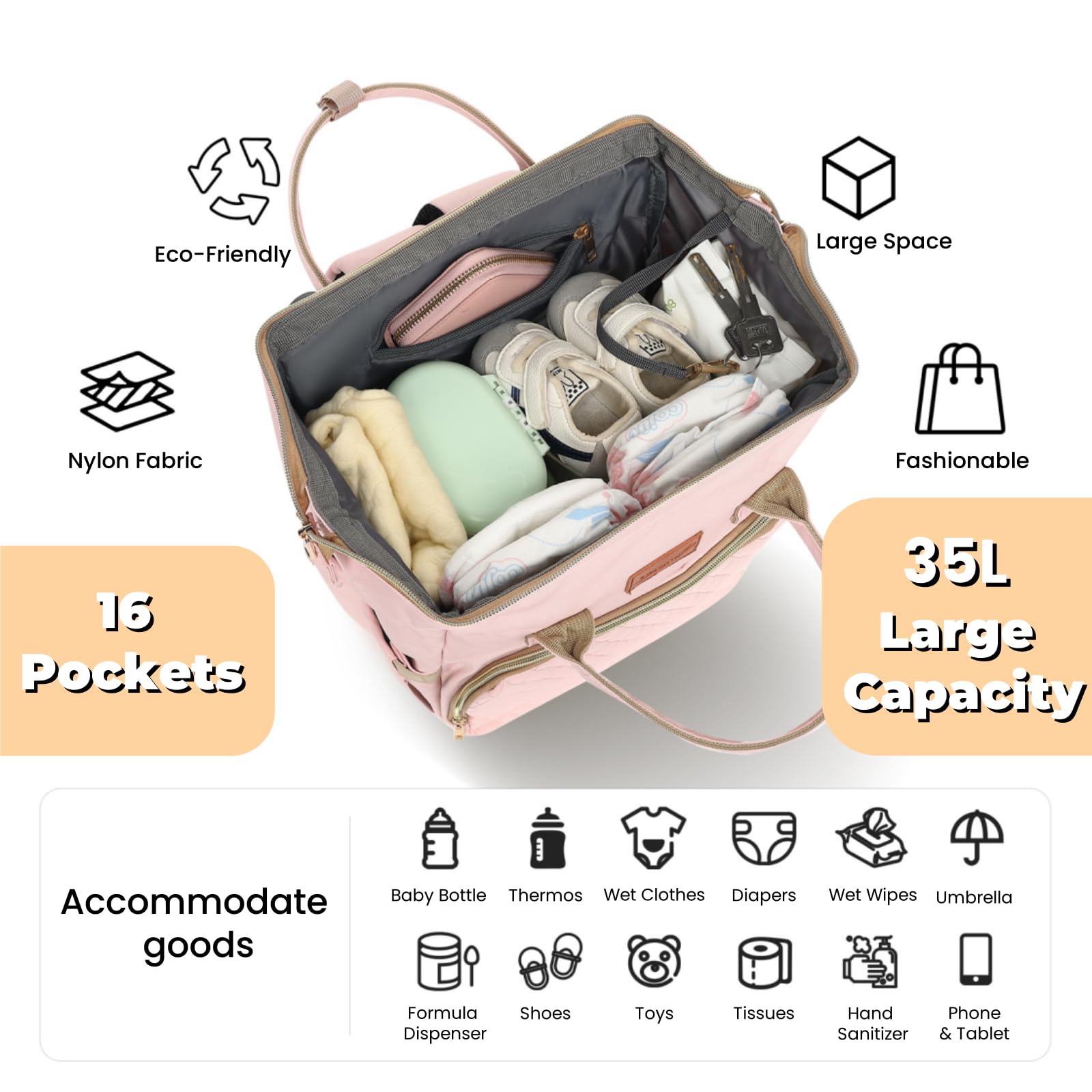 **Pink Baby Diaper Backpack for Girls - Large 35L Capacity with Changing Pad, Pacifier Case, Insulated Pockets & Stroller Straps - Perfect Baby Shower Gift, Cute & Stylish - Ideal for Travel, Outings & Everyday Use**
