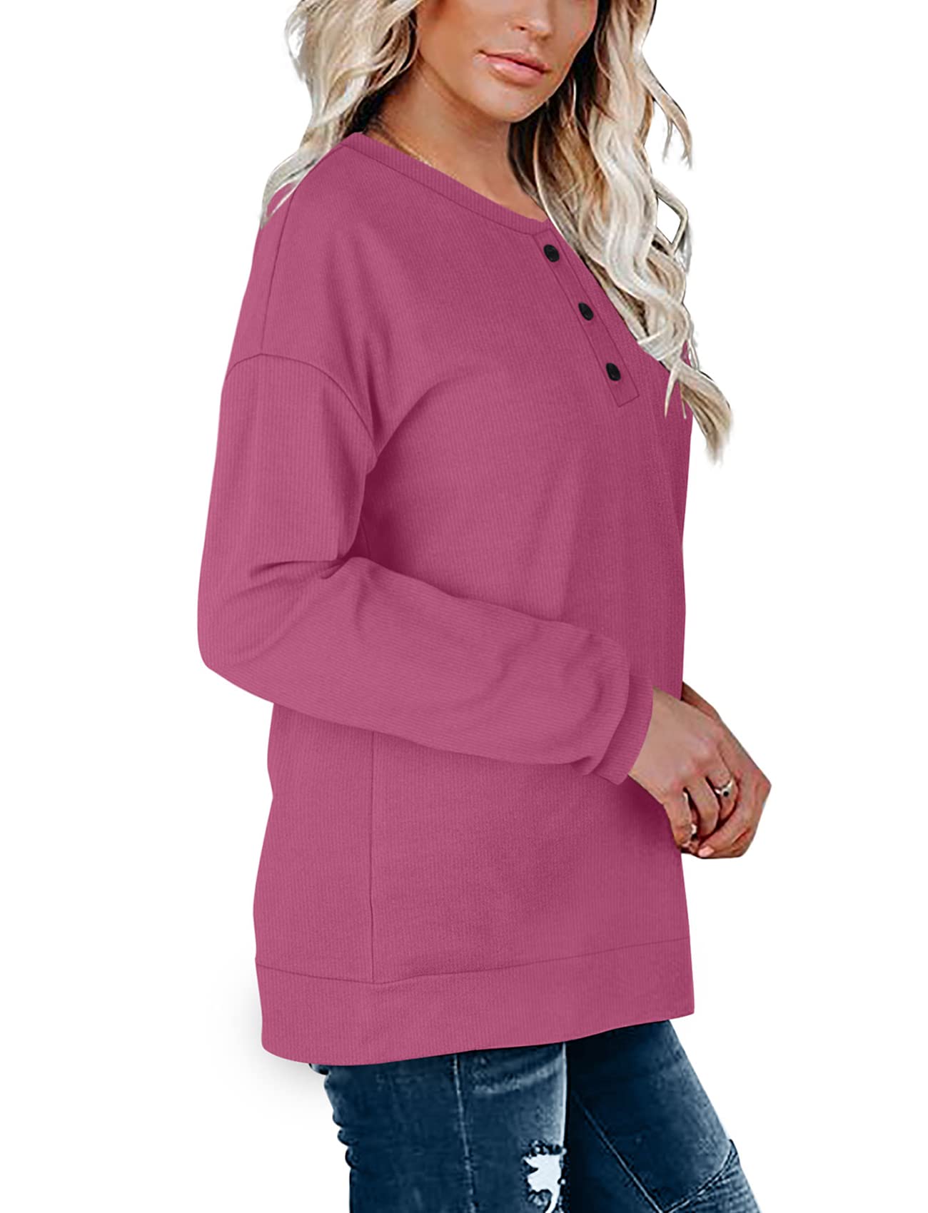 OFEEFAN Women's Casual Henley Button Up Long Sleeve Tunic Sweatshirt - Comfortable Lounge Wear for Relaxing at Home, Running Errands & Casual Outings