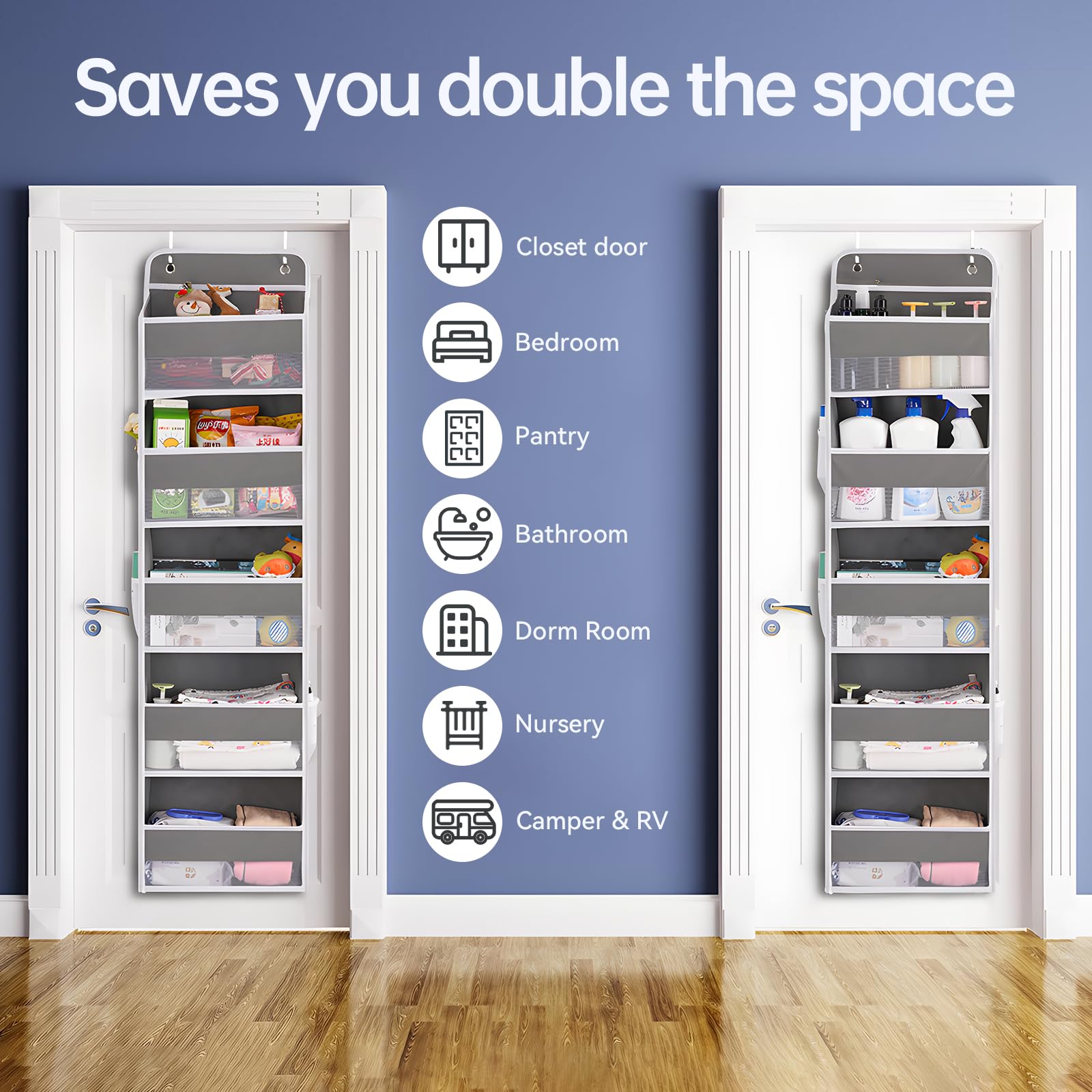 WishJazz 2-Pack Heavy Duty Over The Door Organizer - 5-Shelf Storage Hanger with Anti-Tilt Design Holds 45 lbs - Space Saving Closet, Bathroom, Nursery, RV & Pantry Organizer for Shoes, Toys & Baby Essentials - Perfect for Small Spaces & Home Organization