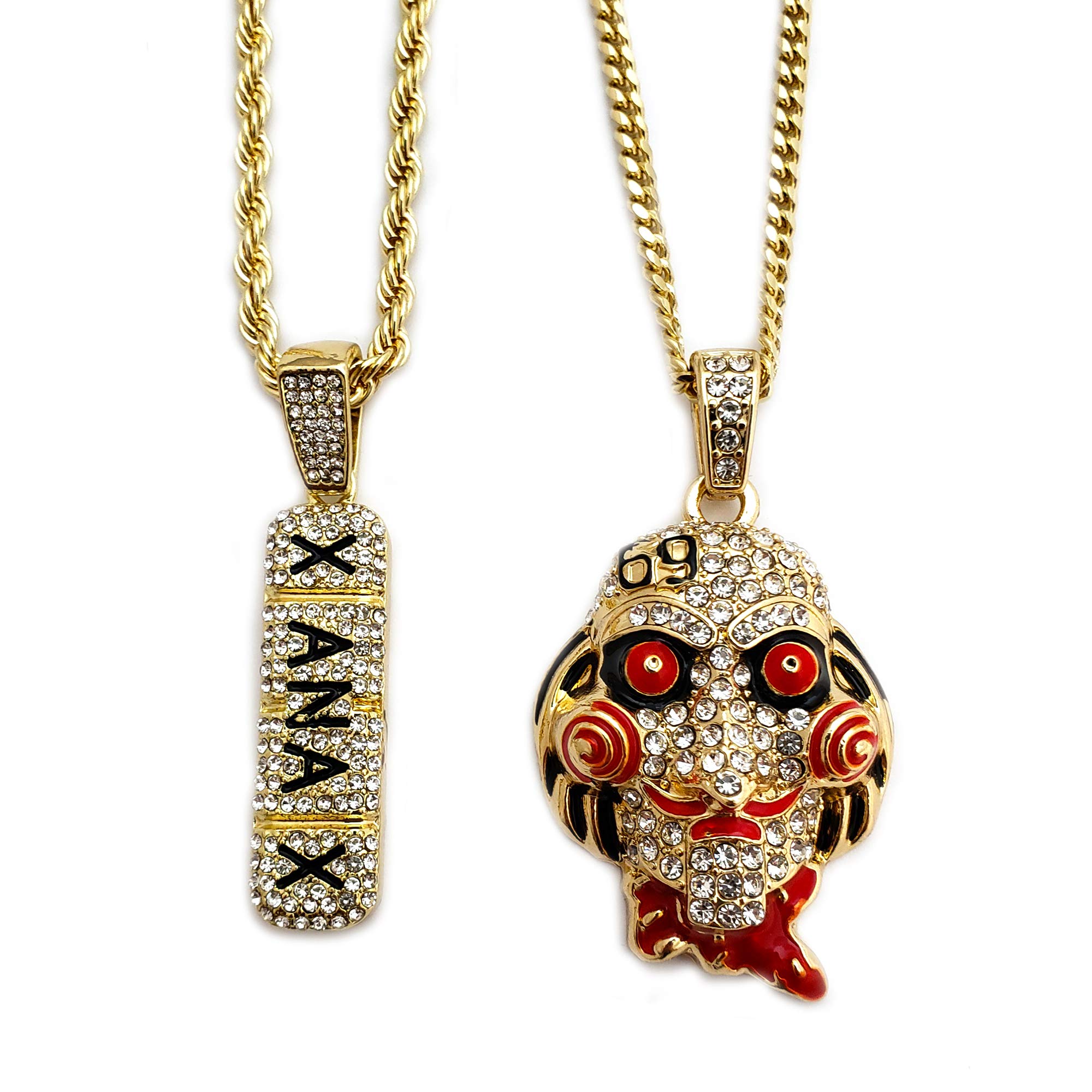 Hip Hop Iced Out Gold Plated Saw & Xanax Pendant with 3mm 20