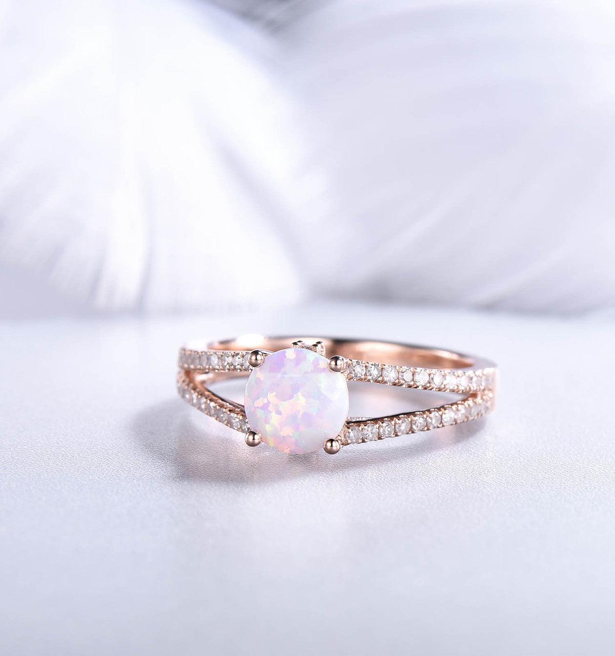 Vintage Opal Engagement Ring - Split Shank Round Cut Opal Wedding Band in Rose Gold | Perfect for Proposals, Anniversaries & Romantic Occasions