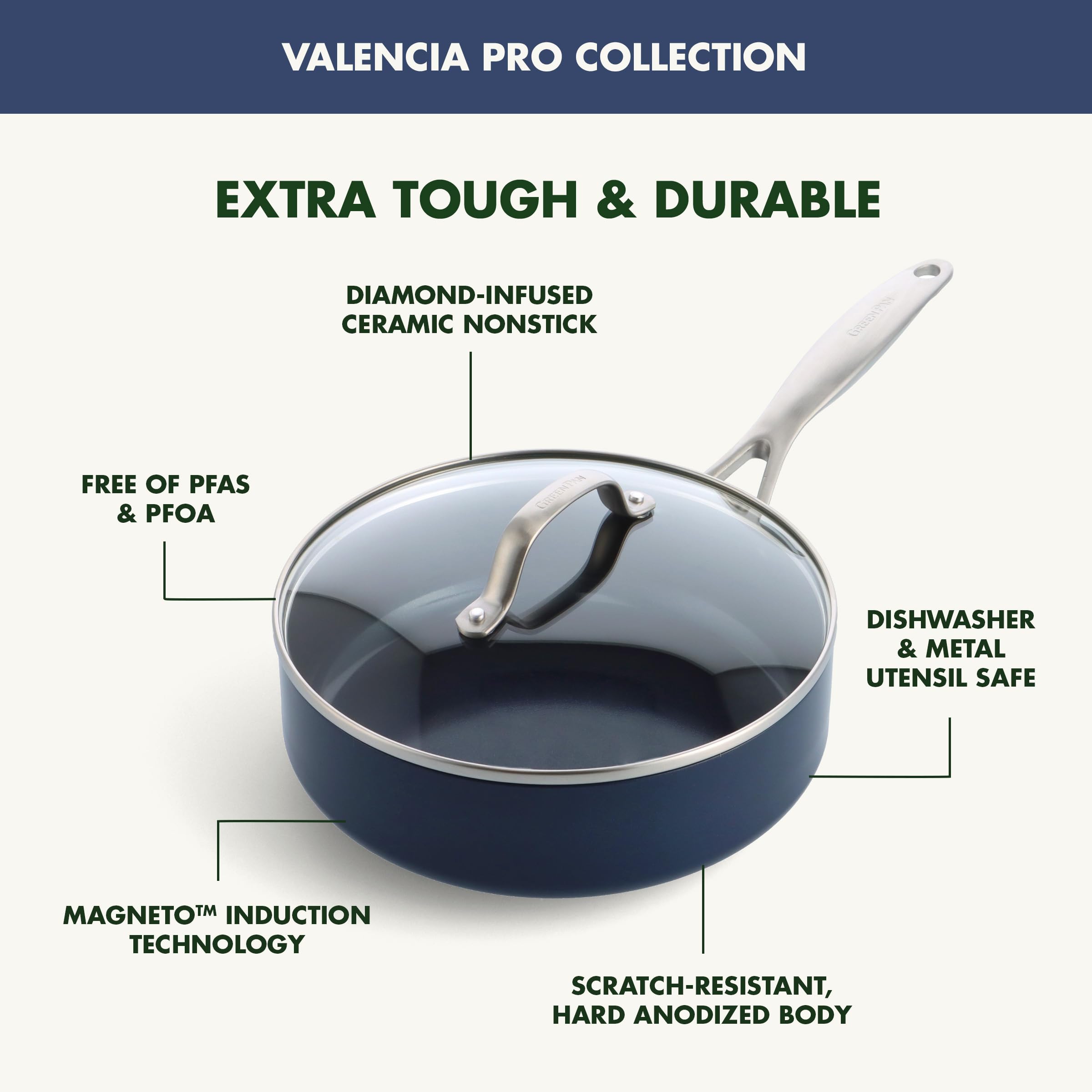 GreenPan Valencia Pro Hard Anodized Healthy Ceramic Nonstick 3.25QT Saute Pan with Lid - PFAS-Free, Induction, Dishwasher & Oven Safe (Blue) - Perfect for Healthy Cooking, Frying & Sauteing in Modern Kitchens