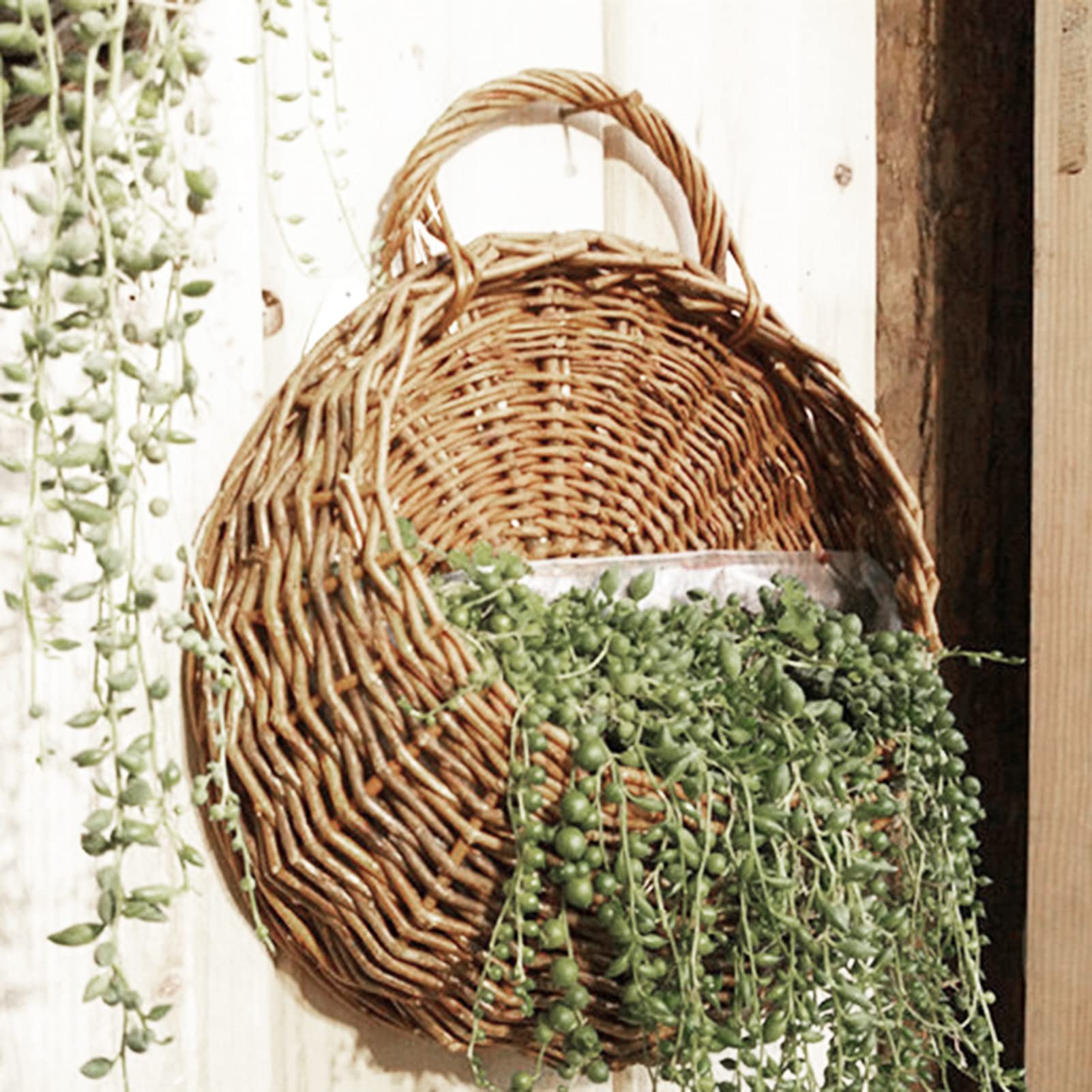 Handmade Woven Hanging Basket - Natural Wicker Rattan Wall Planter for Indoor/Outdoor Plants - Grey Wall Mounted Flower Pot for Home, Garden, Balcony & Wedding Decor