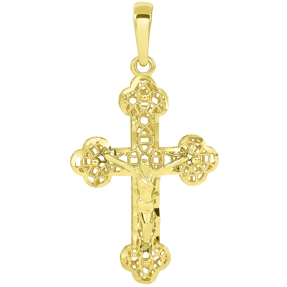 14K Yellow Gold Textured Filigree Eastern Orthodox Cross 3D Jesus Crucifix Pendant with Rolo/Curb/Figaro Chain - Religious Jewelry for Baptism, Confirmation & Spiritual Gifts