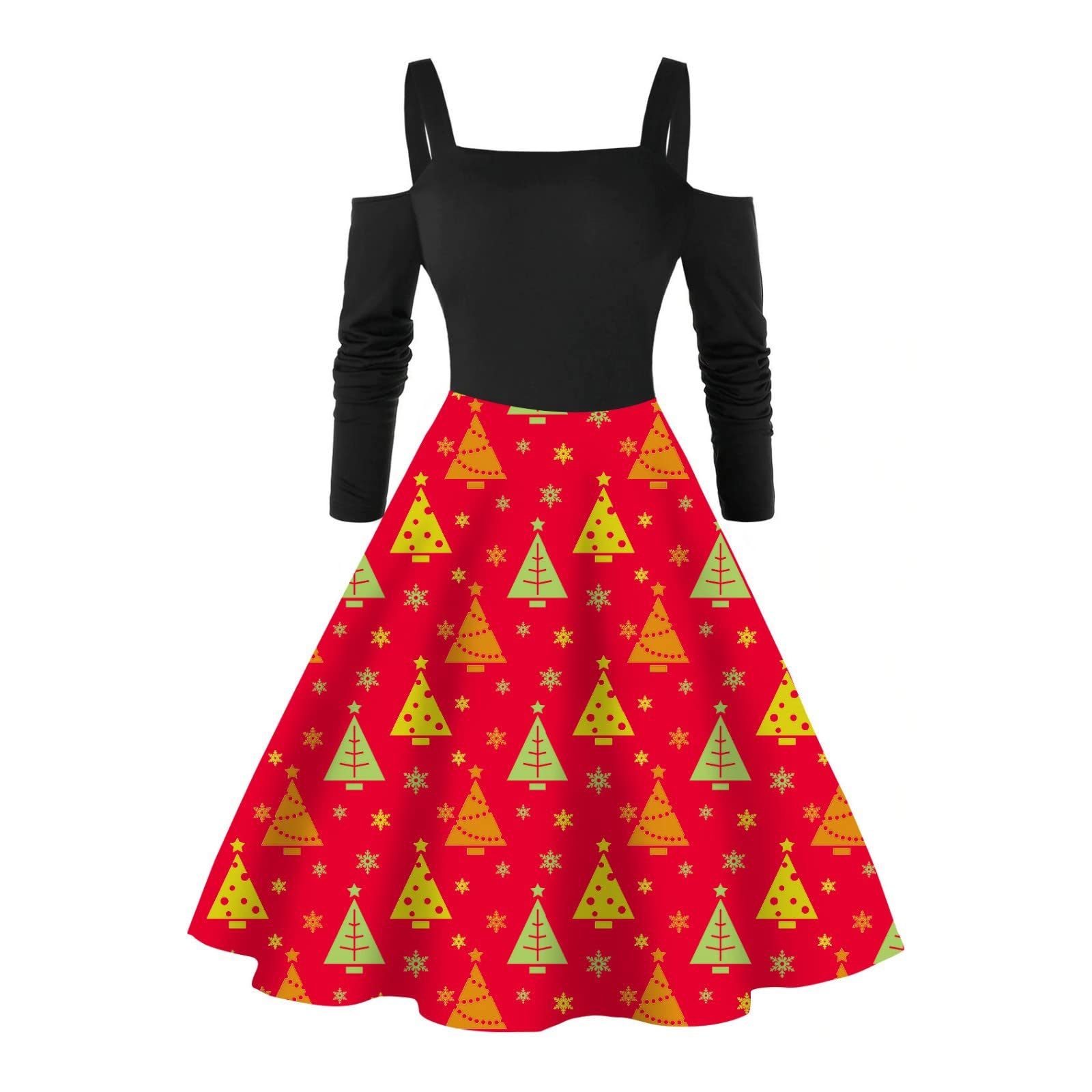 Vintage Off Shoulder Swing Dress for Women - Long Sleeve Christmas Print Gown | Holiday Party, Date Night & Special Occasion Wear