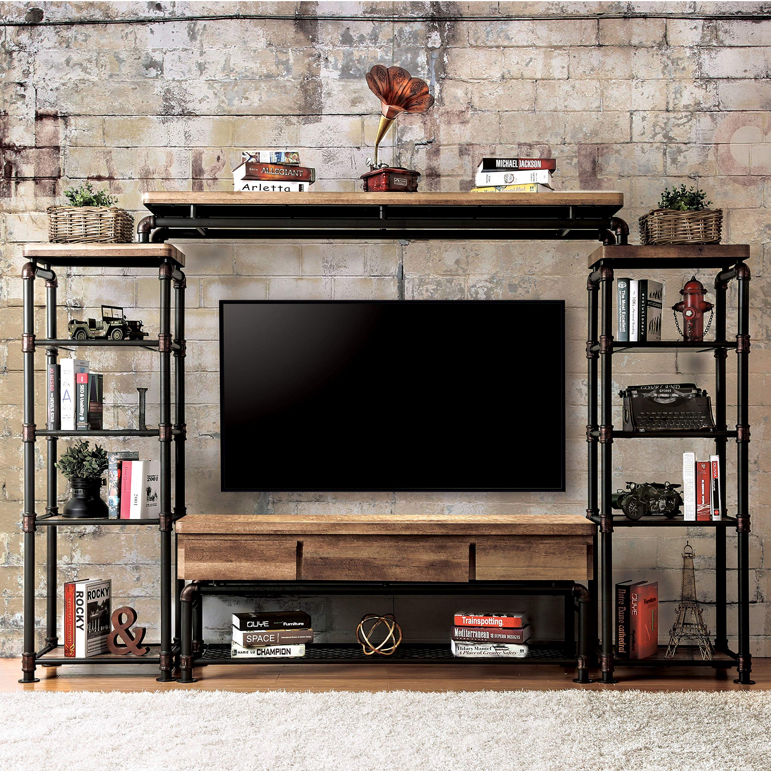 24/7 Shop at Home Guillaume Industrial Pier Cabinet - Antique Black & Natural Tone - Perfect for Living Room, Bedroom, or Office Storage