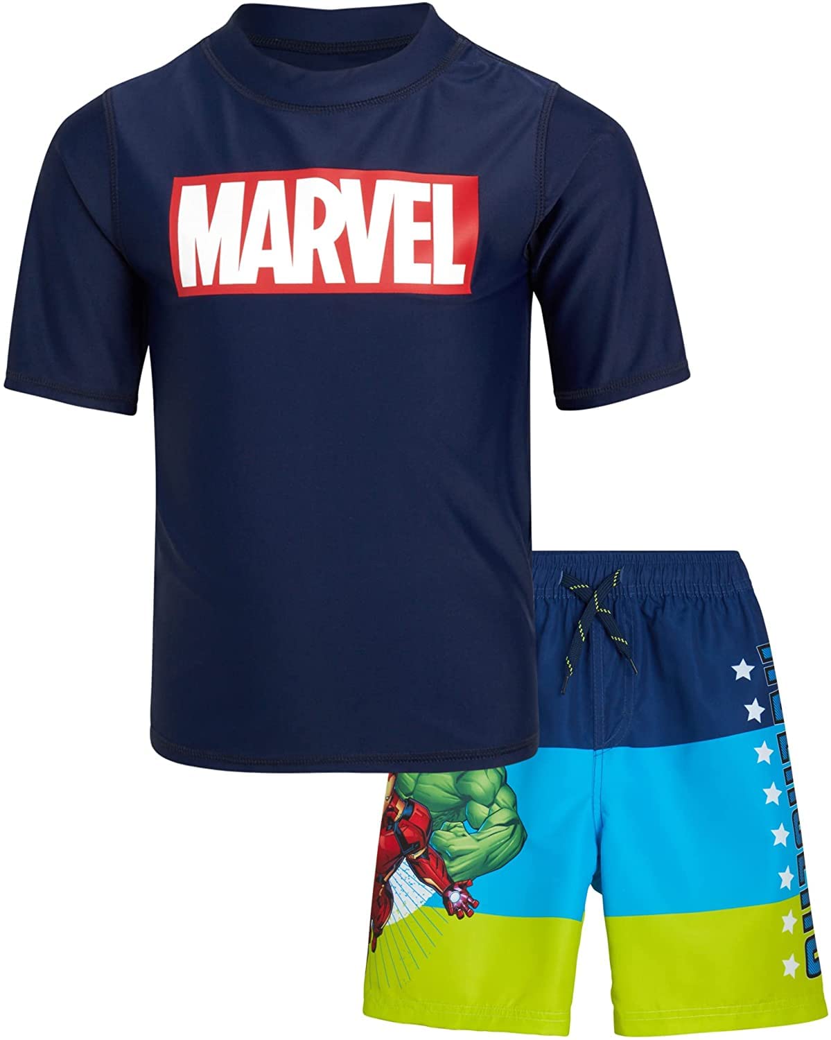 Marvel Avengers Boys' UPF 50+ Swim Rash Guard Set - Spider-Man & Captain America Swim Shirt & Trunks for Kids (3T-12) - Perfect for Beach, Pool & Summer Water Activities