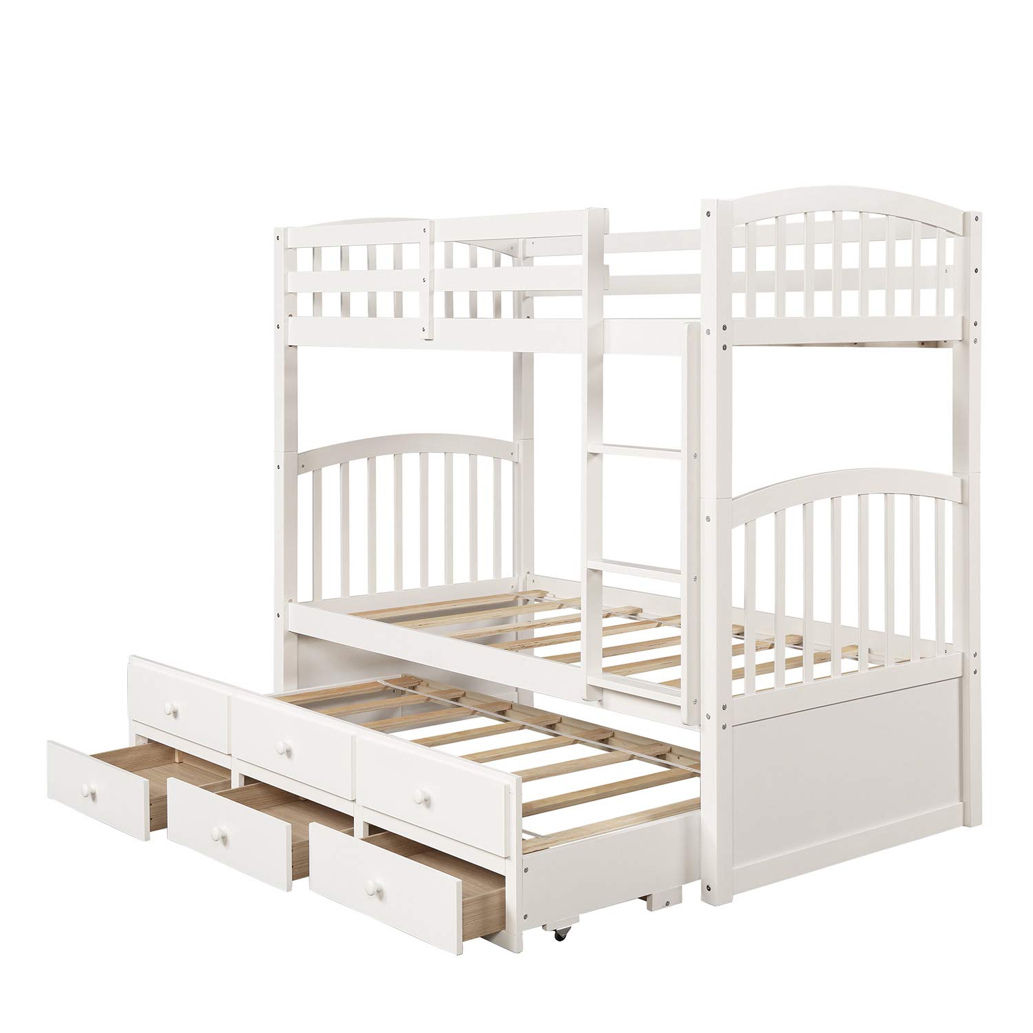 **Solid Wood Twin Bunk Bed for Kids with Trundle & 3 Storage Drawers – Convertible to 2 Separate Beds, Safety Guard Rail – Perfect for Small Bedrooms, Guest Rooms & Kids' Shared Spaces (White)**