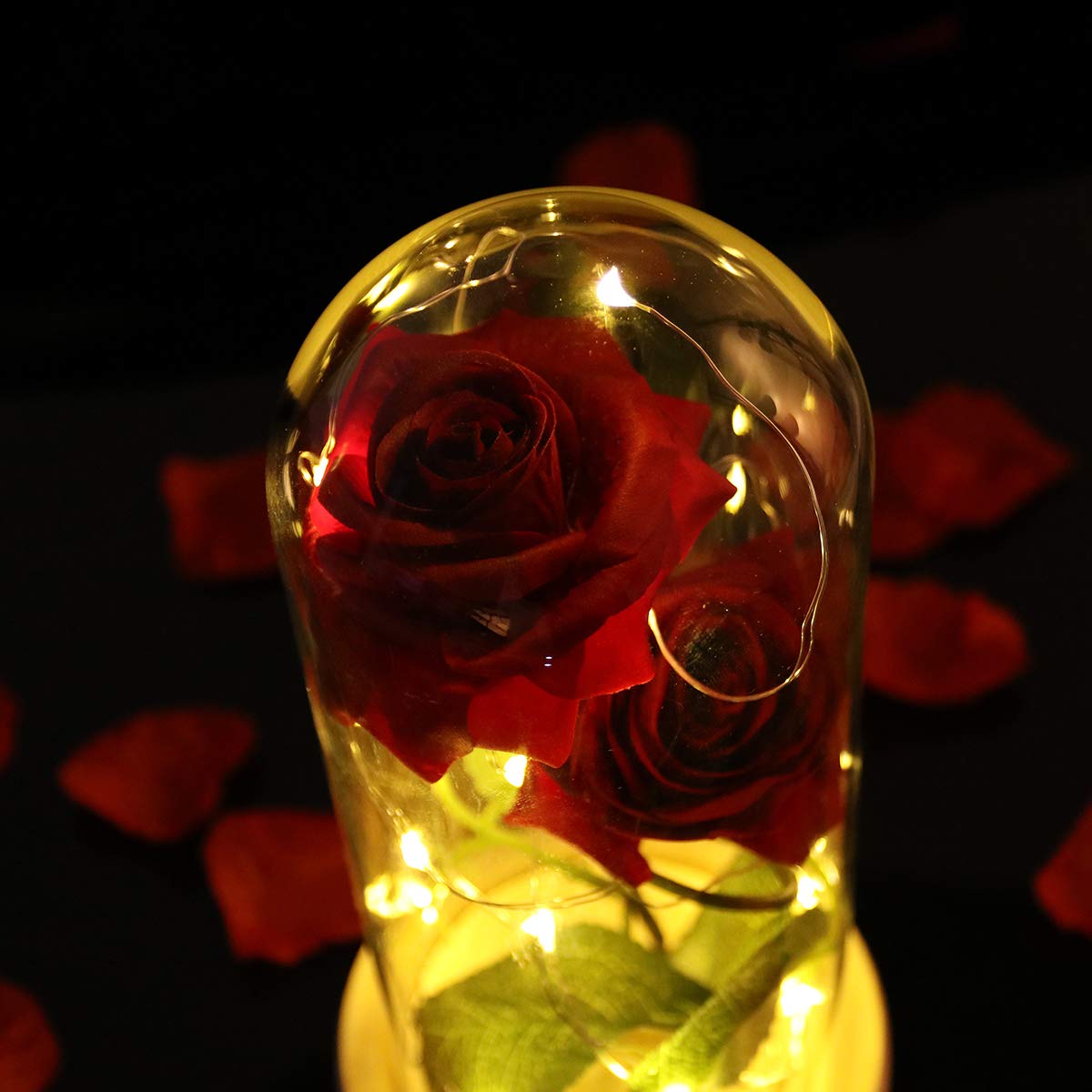 Enchanted Red Silk Rose with LED Fairy String Lights in Glass Dome - Romantic Gift for Wedding, Anniversary, Birthday, Christmas, Valentine's Day & Mother's Day - Perfect for Home Decor, Bedroom Nightlight, and Special Occasion Centerpieces