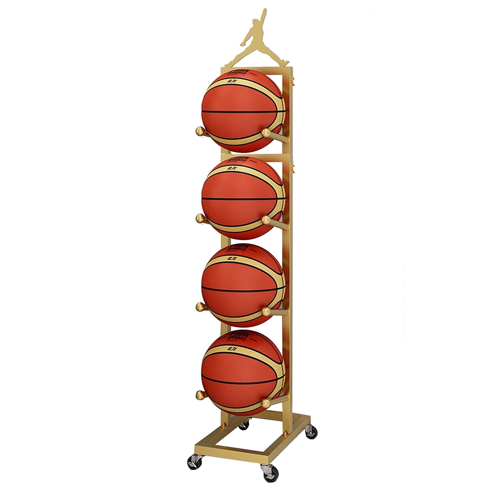 Lockable Rolling Basketball Storage Rack - 4-Tier Freestanding Sports Ball Organizer with Wheels for Gym, Store, Office & Home | Gold Color | Perfect for Organizing Basketballs, Soccer Balls & Sports Equipment