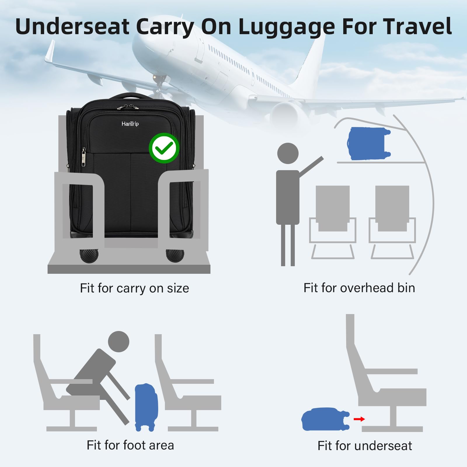 16 Inch Underseat Carry On Luggage with Wheels - Softside Small Suitcase for Air Travel, Personal Item Bag with Pockets - Perfect for Men & Women Business Trips, Overnight Stay (Black) | Compact & Lightweight Cabin Bag for Airlines, Commuting, Weekend Getaways