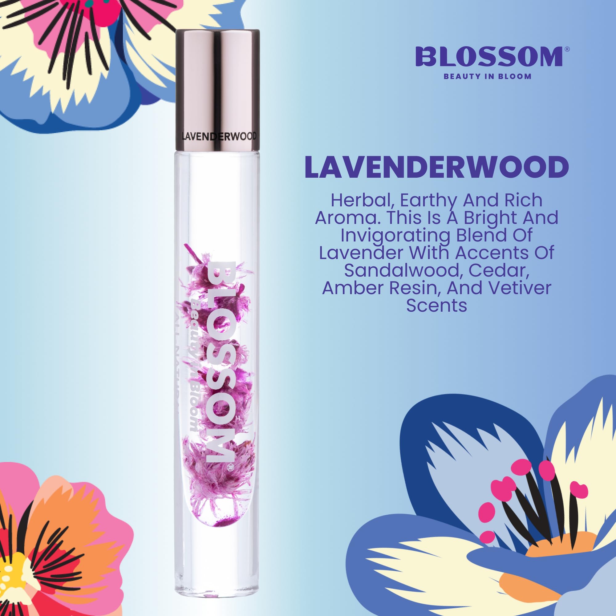 Alcohol-Free Rollerball Perfume Oil for Women | Blossom Essential Oil Perfume with Real Flowers | Sandalwood, Cedar, Amber & Vetiver Scent | Made in USA | 0.20oz | Perfect for Daily Wear, Office & Romantic Dates | Lavenderwood Fragrance