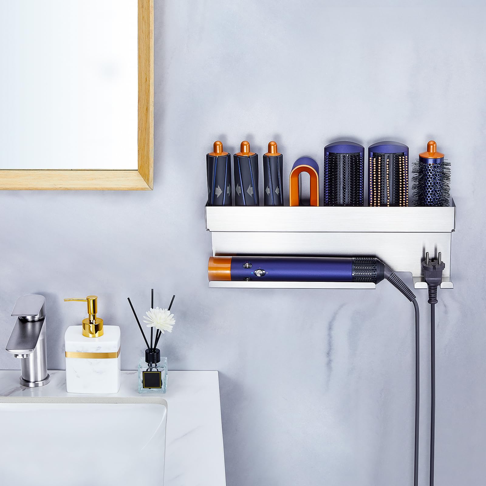 Wall Mount Hair Dryer Holder & Organizer - Stainless Steel Blow Dryer & Straightener Storage - Bathroom Adhesive Mount for Hair Tools - Perfect for Salon, Bathroom & Home Organization