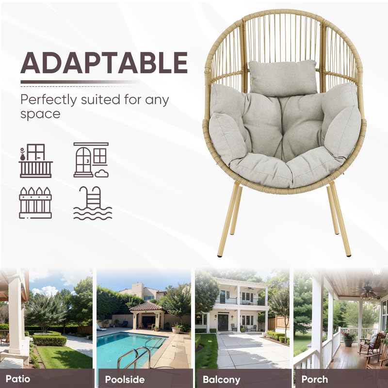 Outdoor Wicker Egg Chair - 300 lbs Weight Capacity Hanging Patio Swing Chair with Waterproof Cushion for Porch, Balcony, Sunroom & Backyard - Yellow Rattan with Beige Cushion - Perfect for Relaxing, Reading & Sunbathing