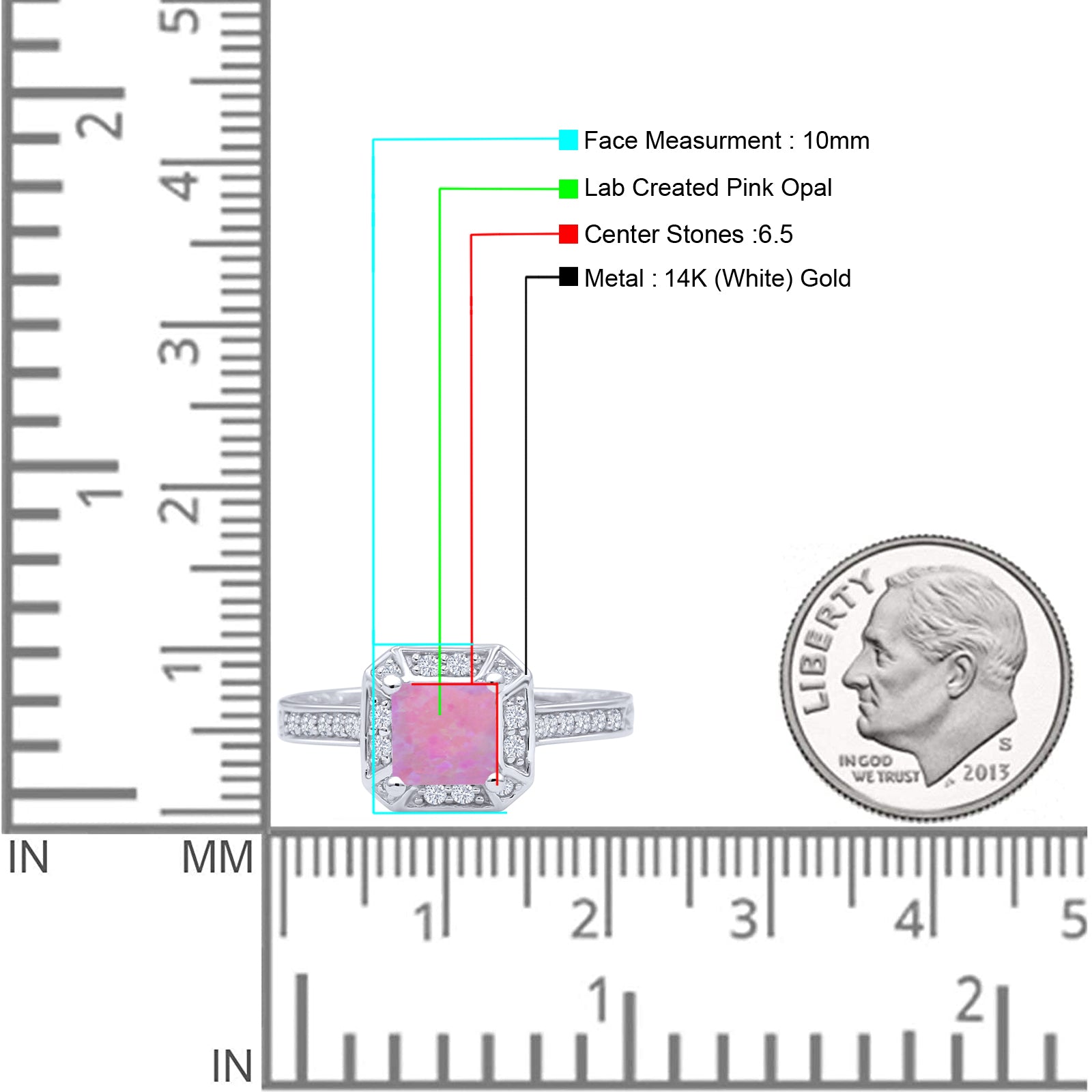 14K White Gold Art Deco Princess Cut Halo Lab-Created Pink Opal Ring for Women - Elegant Vintage Engagement, Wedding, Anniversary & Special Occasion Jewelry Gift