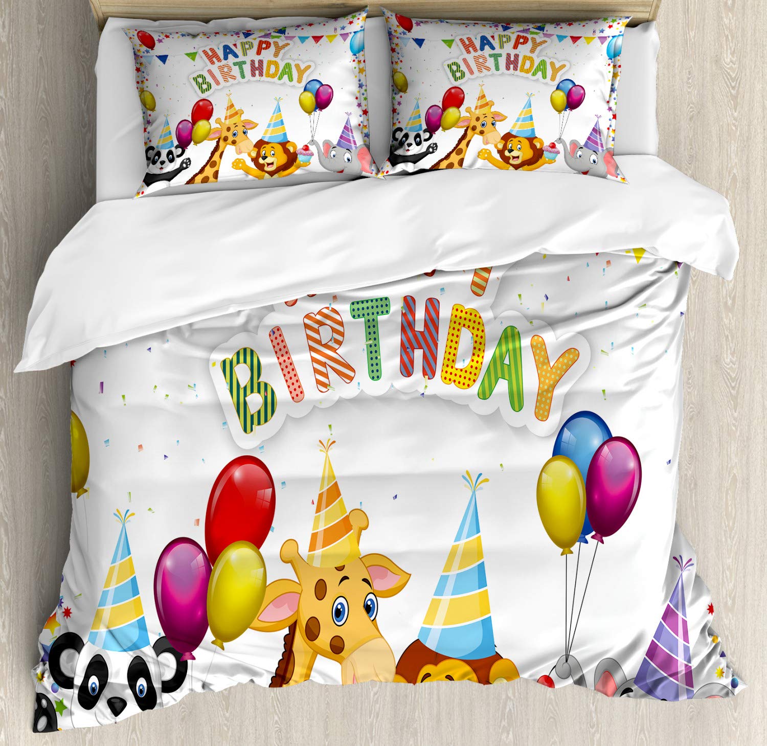 Ambesonne Birthday Duvet Cover Set - Cartoon Savannah Jungle Animals Party with Flags & Balloons - 3 Piece Bedding Set with 2 Pillow Shams - California King Size - Multicolor - Perfect for Kids' Rooms, Birthday Parties & Jungle-Themed Decor