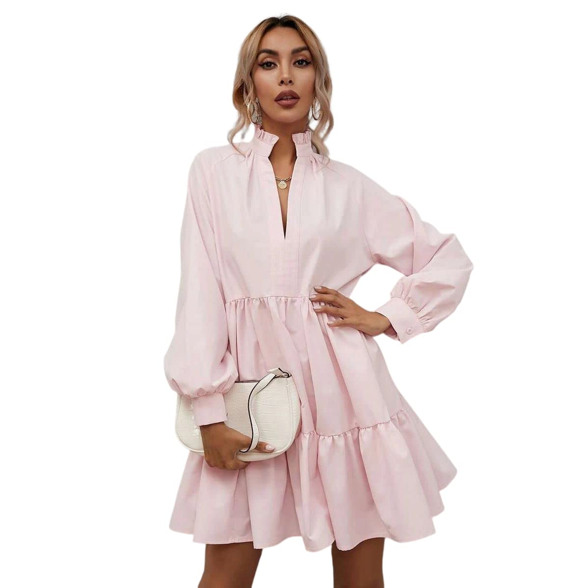 Women's Midi Fall Dress Long Sleeve V-Neck High Waist Ruffle Tiered Flowy Dress for Autumn | Casual Office Wear & Date Night Outfits