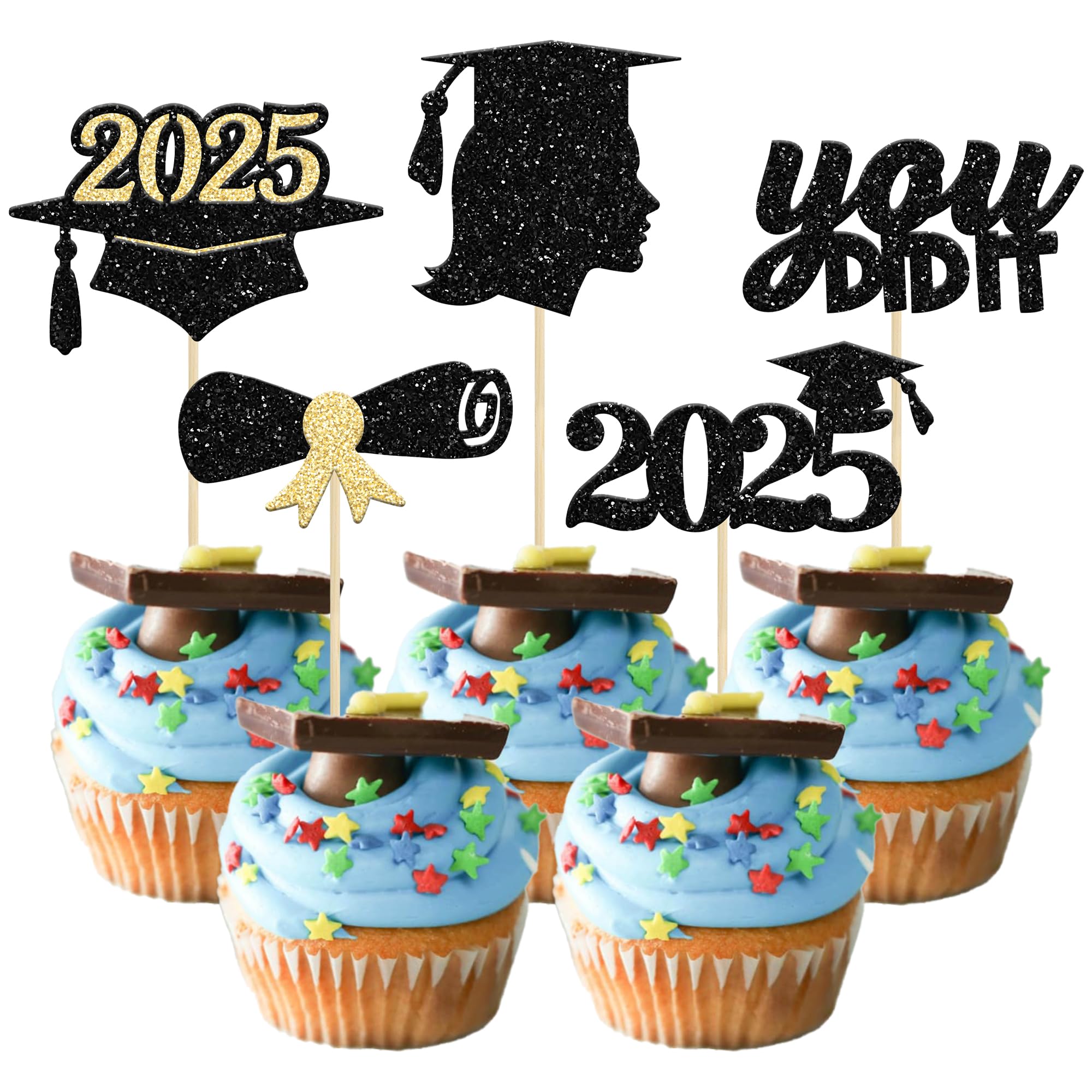 30Pcs Gold Glitter Graduation Cupcake Toppers - Class of 2025 Diploma Cap Cake Decorations for Women & Girls | Perfect for 2025 Graduation Party, School Celebration & Dessert Table Decor