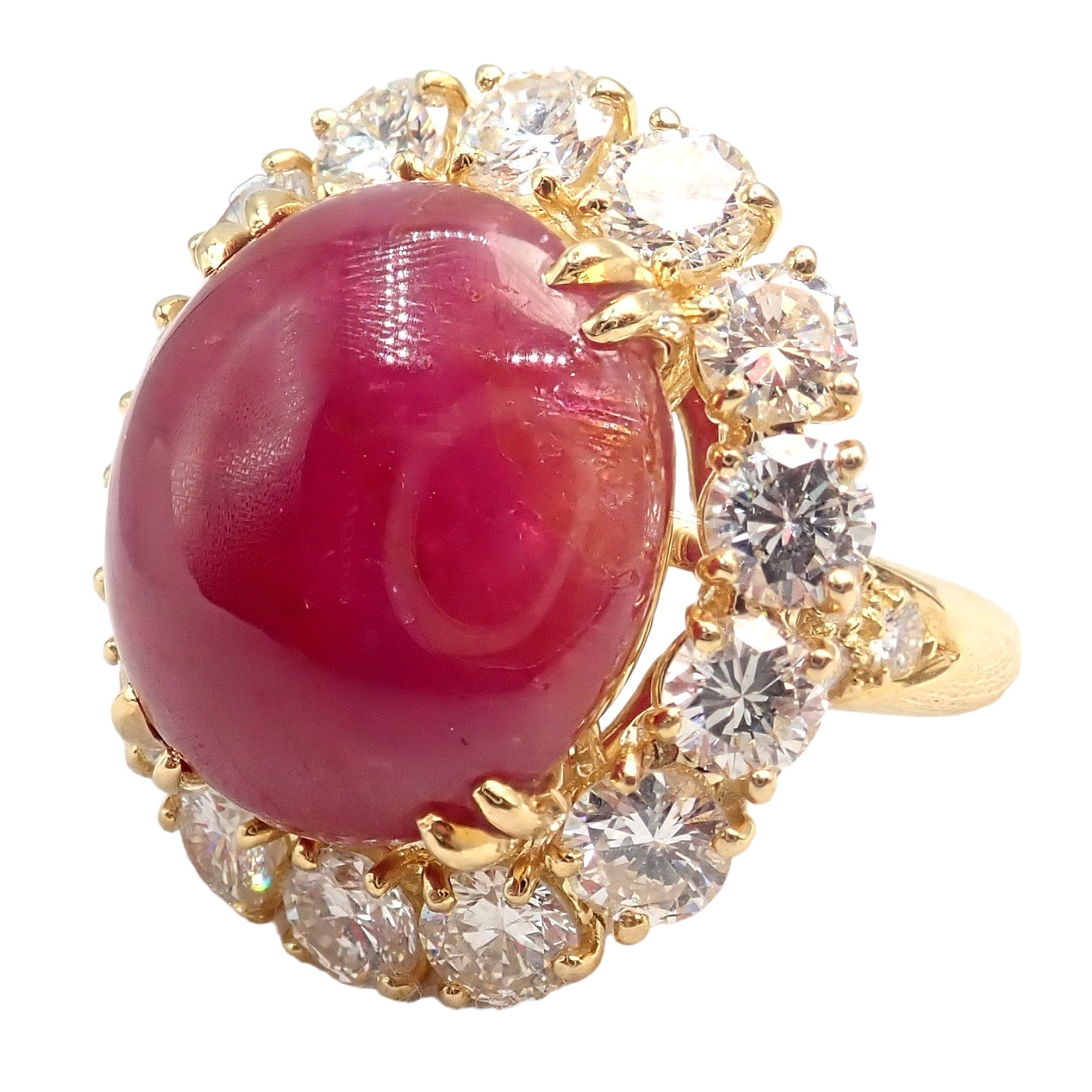 Authentic Van Cleef & Arpels 18k Yellow Gold Large Cabochon Ruby Diamond Ring for Women - Luxury Jewelry Gift for Anniversary, Engagement & Special Occasions