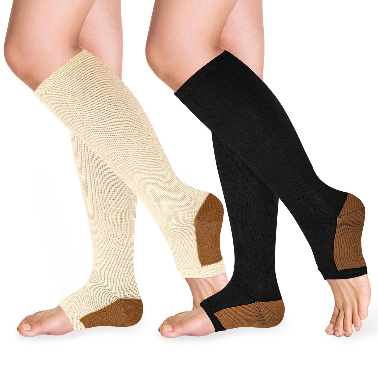 TZYSOKC Open Toe Compression Socks 15-20 mmHg - Knee High Toeless Circulation Stockings for Women & Men - Ideal for Nurses, Athletes & Travelers