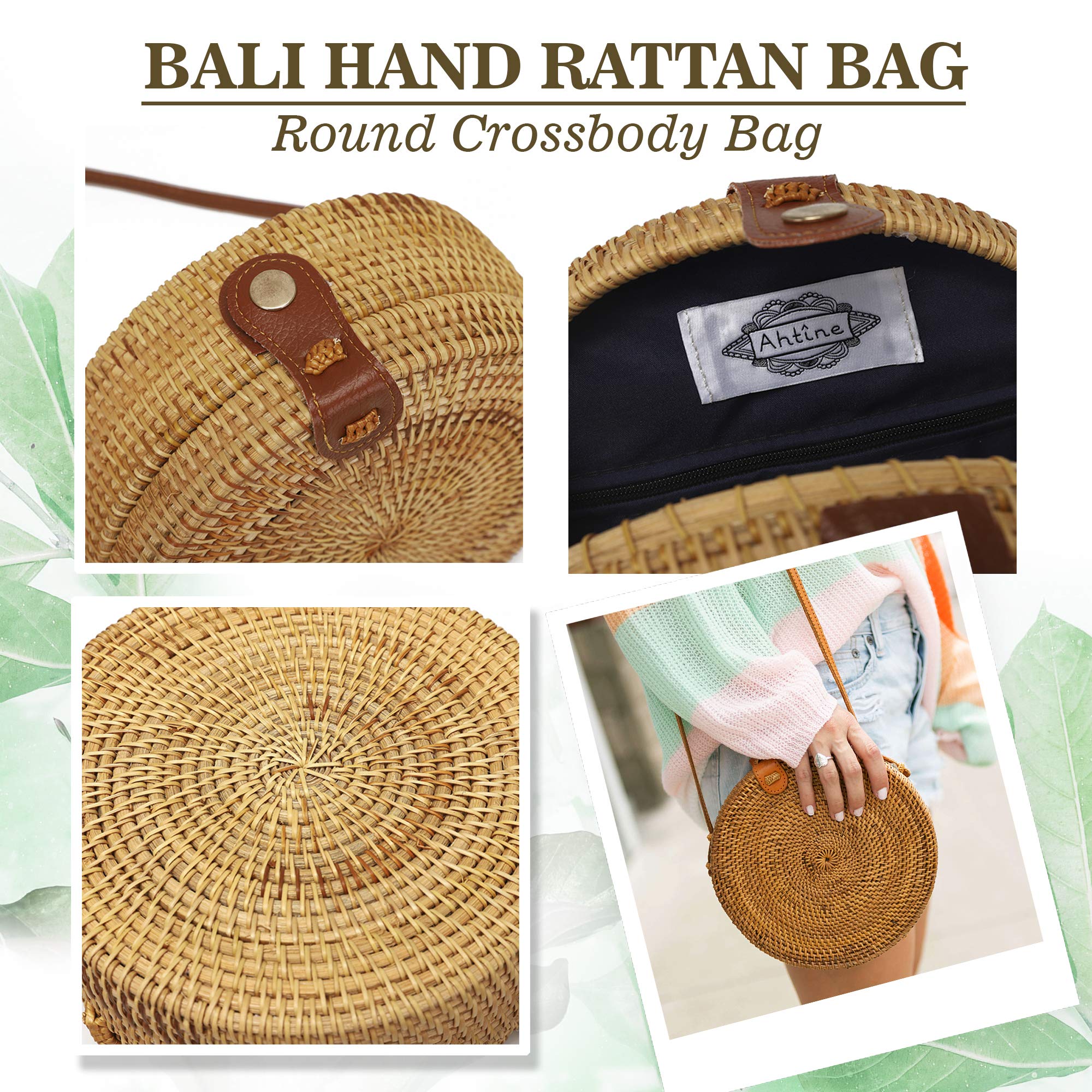 Handwoven Round Rattan Crossbody Bag for Women - Adjustable Strap Straw Handbag (Tan) | Boho Beach Tote, Summer Outing, Vacation Accessory