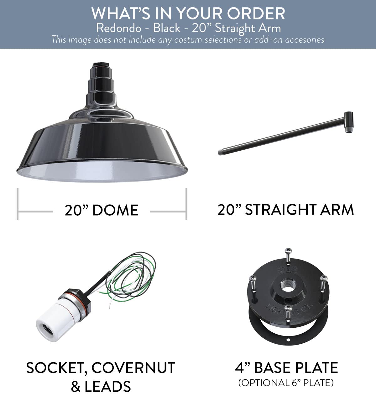Steel Lighting Co. Redondo Barn Light - 20 Inch Outdoor Wall Mounted Farmhouse Light with Dome & Straight Arm | Dusk to Dawn Sensor | Black Exterior/White Interior | Made in USA | Perfect for Porch, Garage & Warehouse Lighting