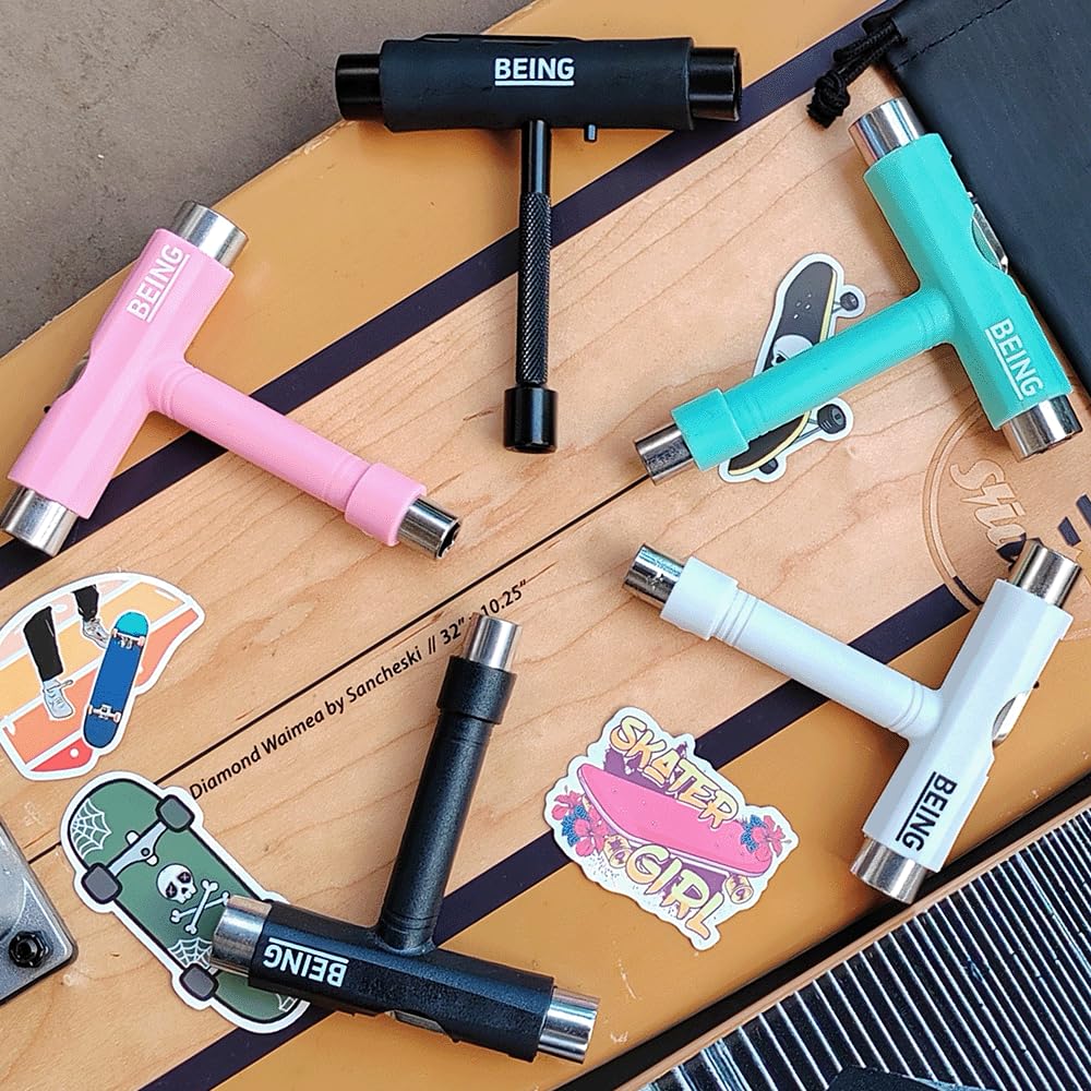 BEING All-in-One Skateboard Tool Kit - Multi-Function T Tool for Skateboards & Roller Skates | Durable Hardware Tools & Accessories | Perfect for Skate Maintenance & DIY Repairs (Pink)
