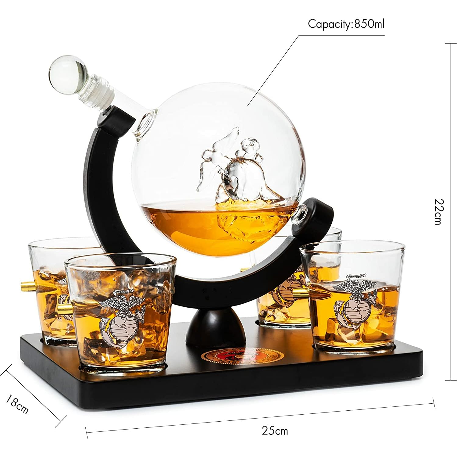Premium U.S. Marine Globe Whiskey Decanter Set with 4 Crystal Glasses - Veteran Gift Box with Mahogany Wood Base & Military Emblem - Bourbon Scotch Decanter for Men, Military Dad Gifts, Patriotic Home Bar Decor (29oz) - Perfect for Veterans Day, Retirement Parties & Man Cave Whiskey Collections