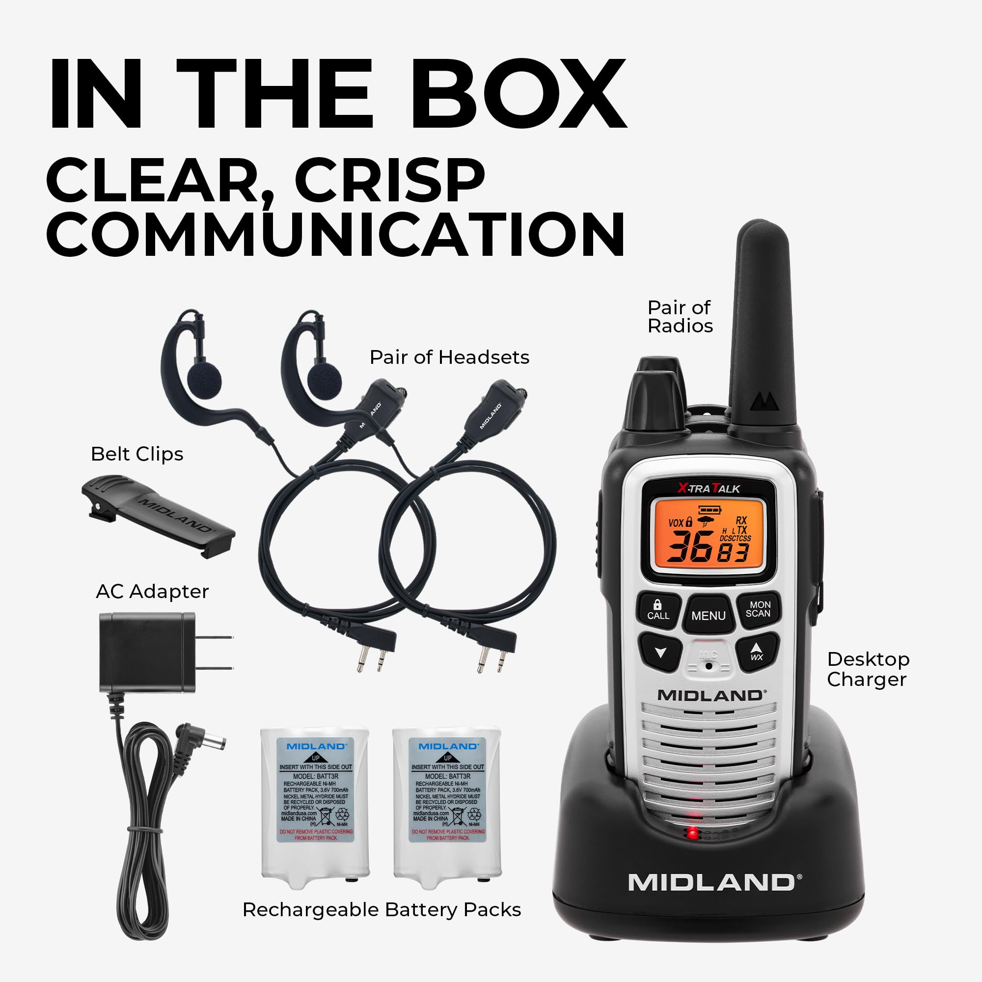 Midland LXT600VP4 2-Pack Portable Two-Way Radios with Headset - 30 Mile Range FRS Walkie-Talkies with NOAA Weather Alerts - Ideal for Family Outdoors, Hiking, Camping, and Restaurant/Cafe Staff Communication