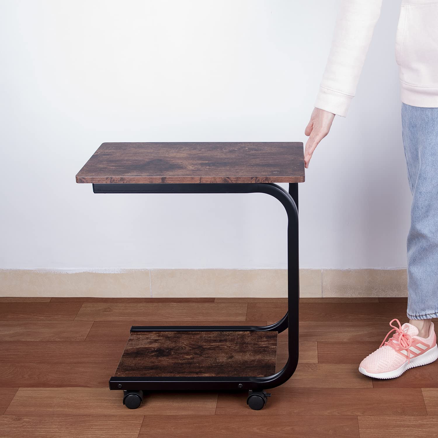 **Rolling C-Shaped End Table with Wheels - Sturdy Wood & Large Steel Tube Frame - Sofa Snack Table, Coffee Tray Stand - Perfect for Living Room, Bedroom & Office (Brown)**