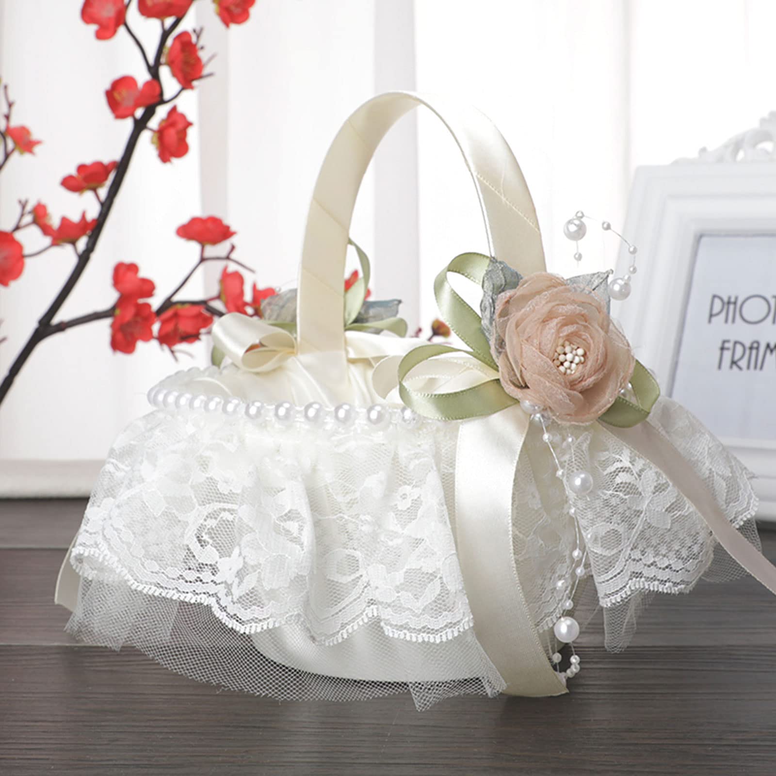 Elegant White Lace Flower Girl Basket with Silk Roses & Pearls - 2 Pack Wedding Ceremony Decor for Bridal Party, Flower Girls, Baby Showers & Special Events