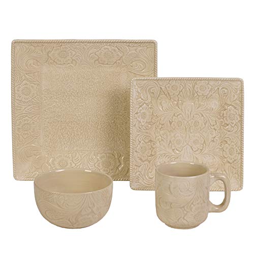 HiEnd Accents Savannah 16-Piece Ceramic Dinnerware Set - Plates, Bowls & Mugs with Floral Tooled Leather Design, Modern Rustic Western Style for Farmhouse Dining & Entertaining