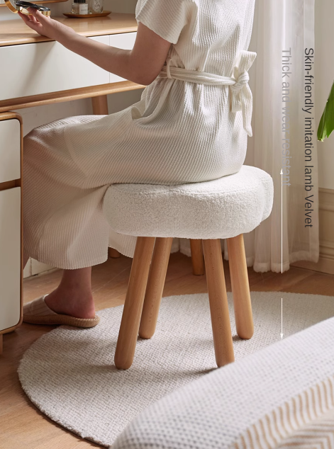 Nordic Style Solid Wood Makeup Stool - Beech & Birch with Lamb Velvet Cloud Cushion for Vanity, Dressing Table, and Bedroom Decor