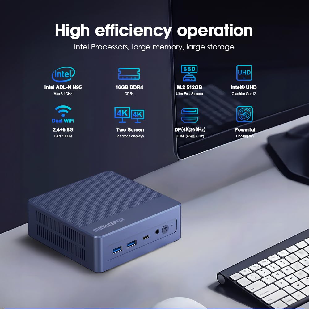 N95 Mini PC Windows 11 Pro - Intel 12th Gen N95 Processor (Up to 3.4GHz), 16GB RAM 512GB SSD, USB 3.2, 4K UHD Dual HDMI, Bluetooth 5.1, Dual Band WiFi | VESA Mount | Compact Desktop Computer for Home Office, Business & Entertainment