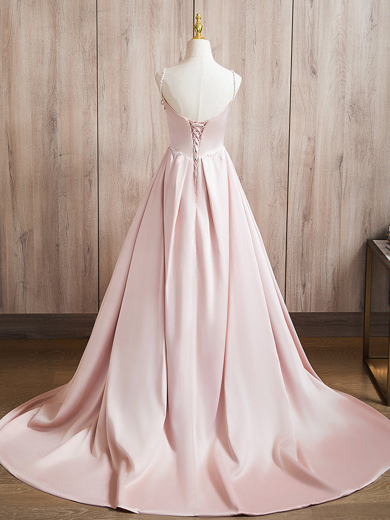 Elegant A-Line Beaded Satin Pink Long Prom Dress for Women - Formal Evening Gown for Homecoming, Wedding Guest & Special Occasions