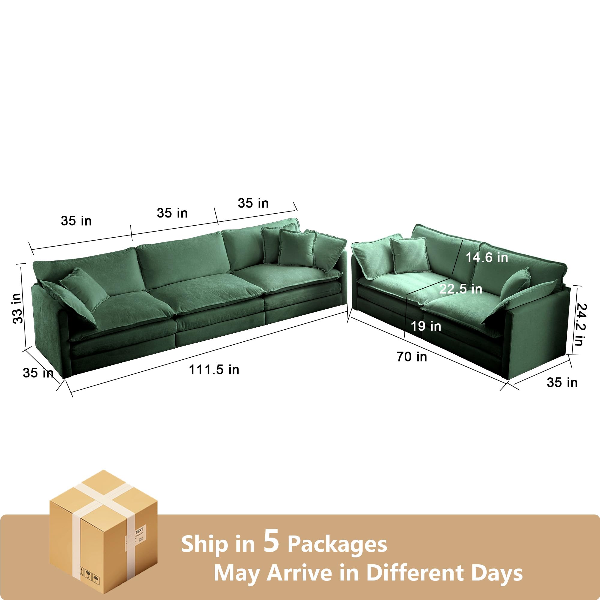 2-Piece Large Green Sectional Sofa Set - Plush Chenille Deep Seat Cloud Couch & Loveseat for Living Room, Apartment, Office | Modern Luxury Comfort Furniture for Relaxing, Entertaining & Small Spaces