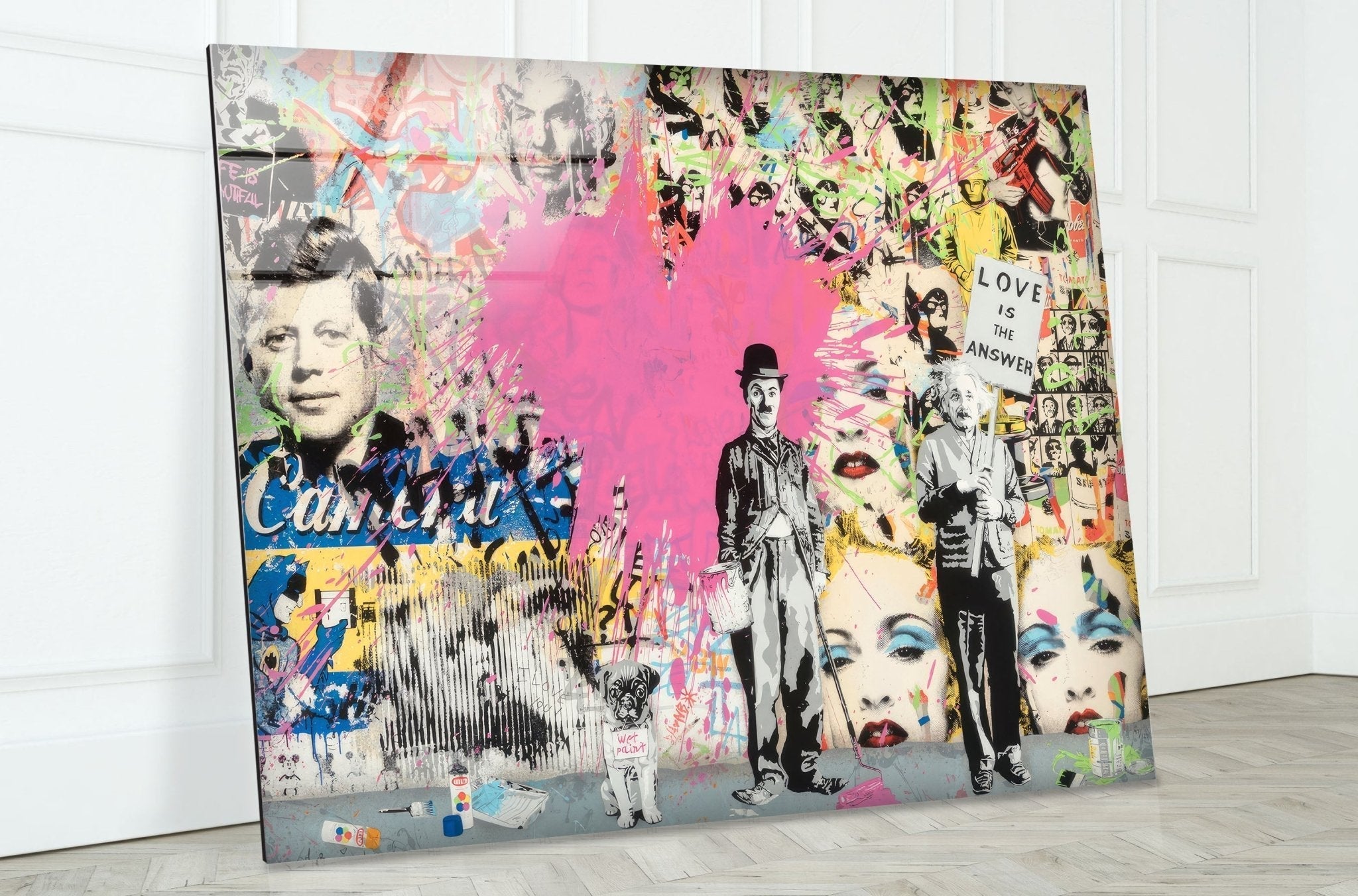 Banksy Charlie Chaplin Street Art Glass Wall Decor - Modern Urban Home & Office Artwork for Living Room, Bedroom, or Office