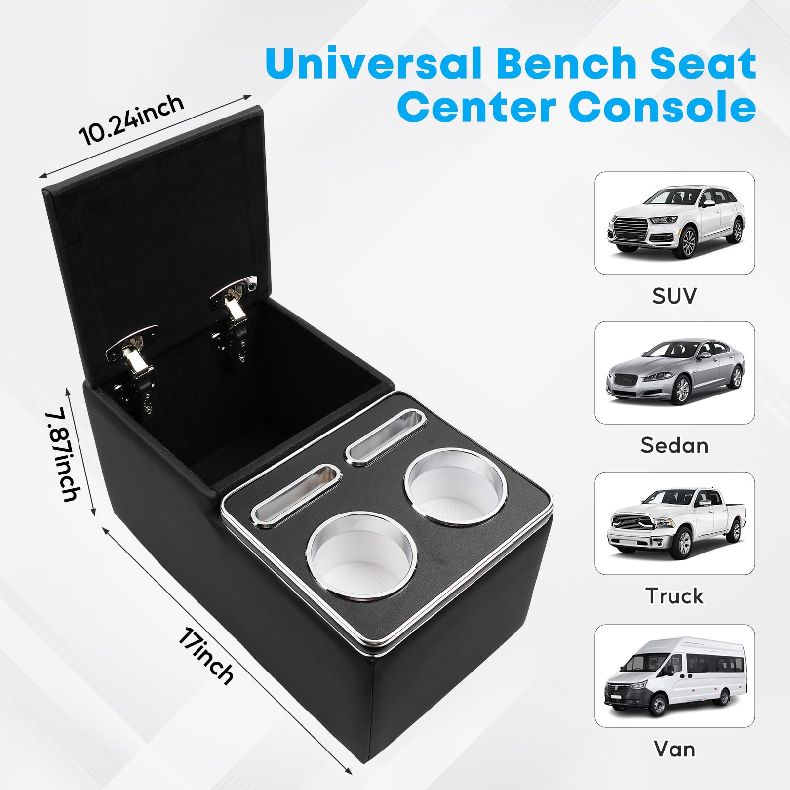 Universal Bench Seat Center Console Organizer with Cup Holders - Durable & Stylish Storage Solution for Cars, Trucks & SUVs - Perfect for Road Trips, Camping & Daily Commute (Black)