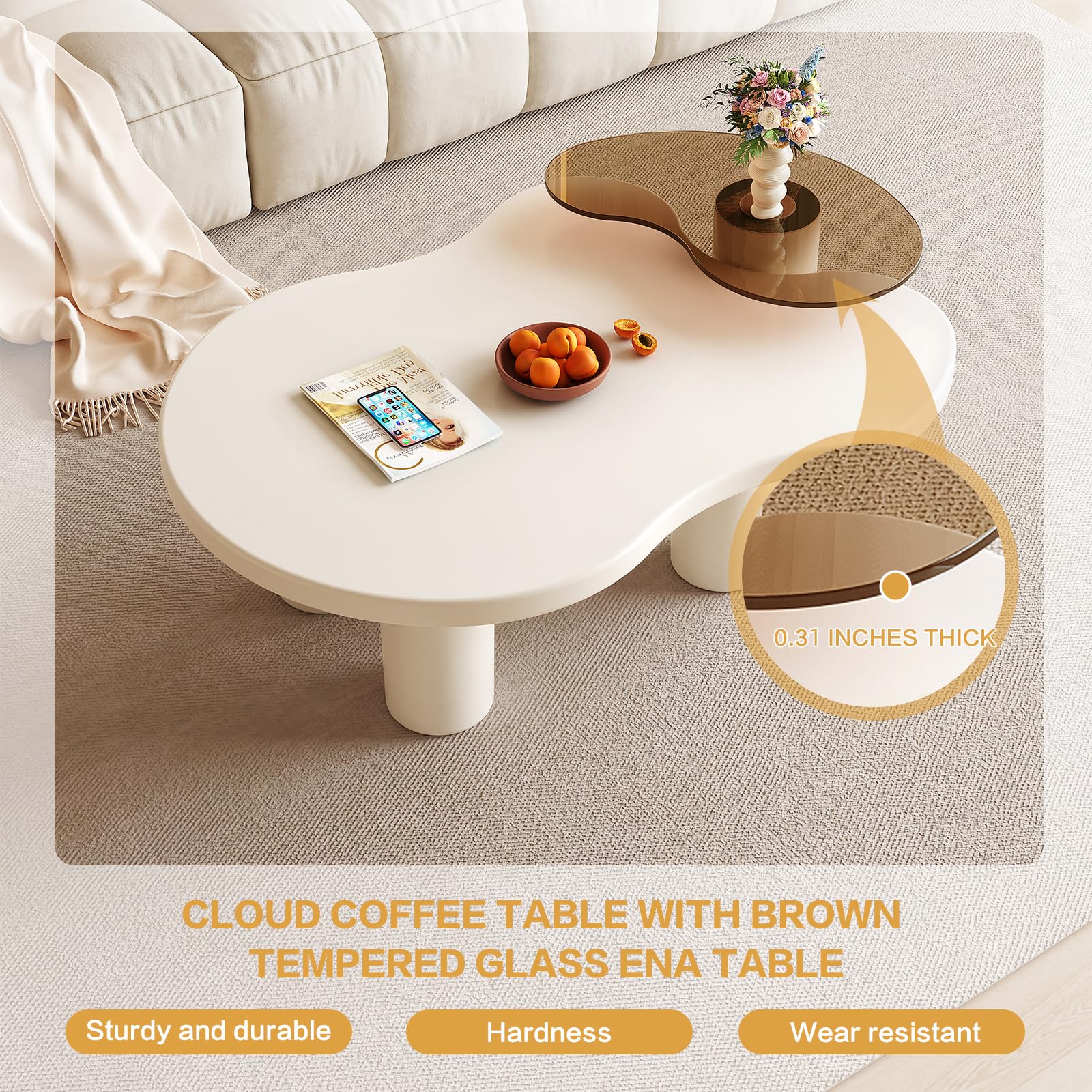 Modern Nesting Cloud Coffee Table Set of 2 - Cream White Living Room Tables with Round Side Table | Space-Saving 2-in-1 Design for Small Apartments & Cozy Home Decor | Easy Assembly Coffee Tables for Living Room, Bedroom or Office