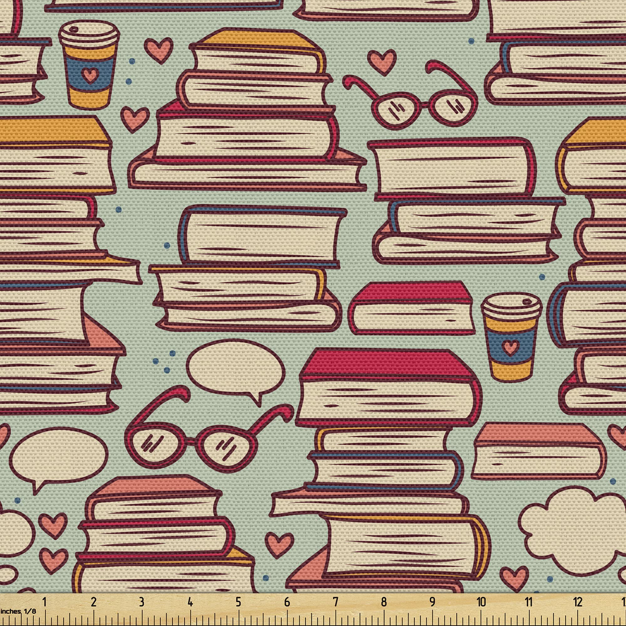 Ambesonne Cartoon Fabric by The Yard - Stack of Books with Coffee Cups & Eyeglasses Retro Nerdy Print - Decorative Upholstery Fabric for Sofa, Curtains & Home Decor - 10 Yards Pink Sage Green - Perfect for Book Lovers & Coffee Enthusiasts
