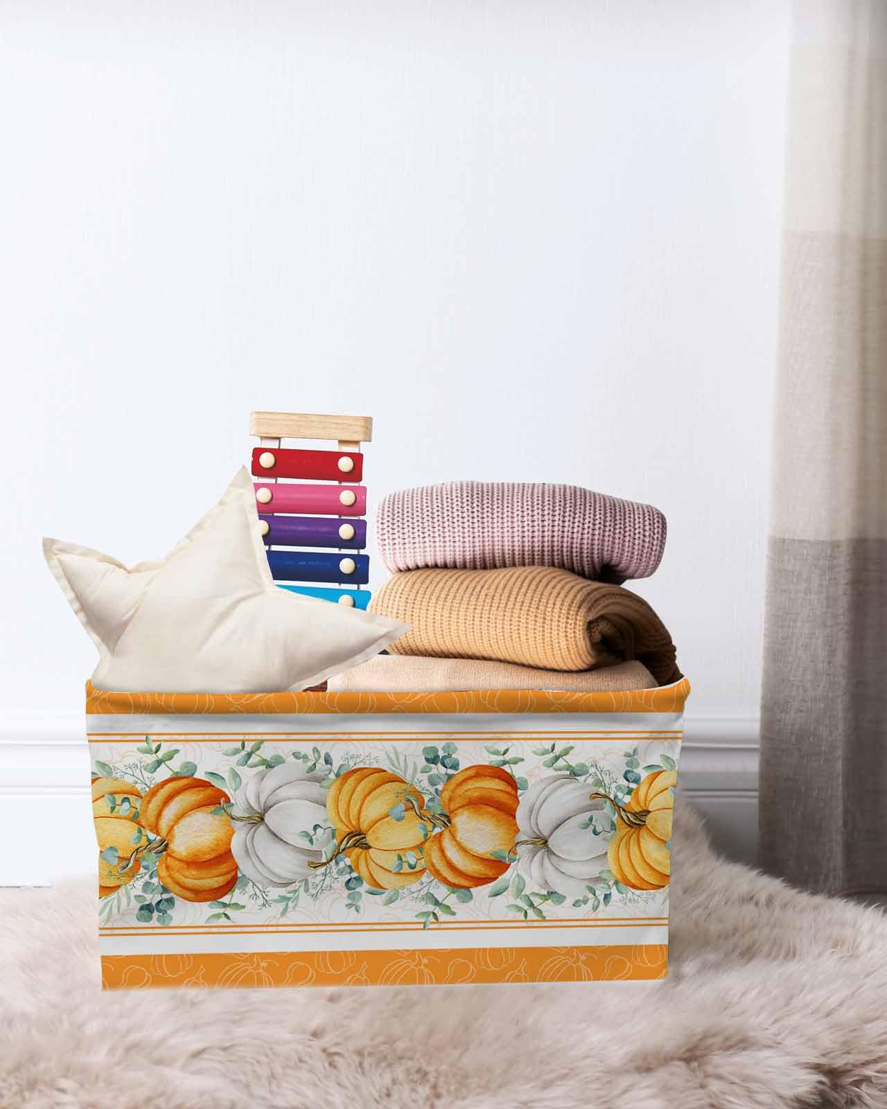 2 Pack Collapsible Storage Baskets with Handles - Orange White Pumpkin Design & Green Botanical Leaves - Foldable Organizer Bins for Nursery Toys, Laundry, Closet Organization - Perfect for Fall Thanksgiving Decor, Home Shelves & Seasonal Storage Solutions