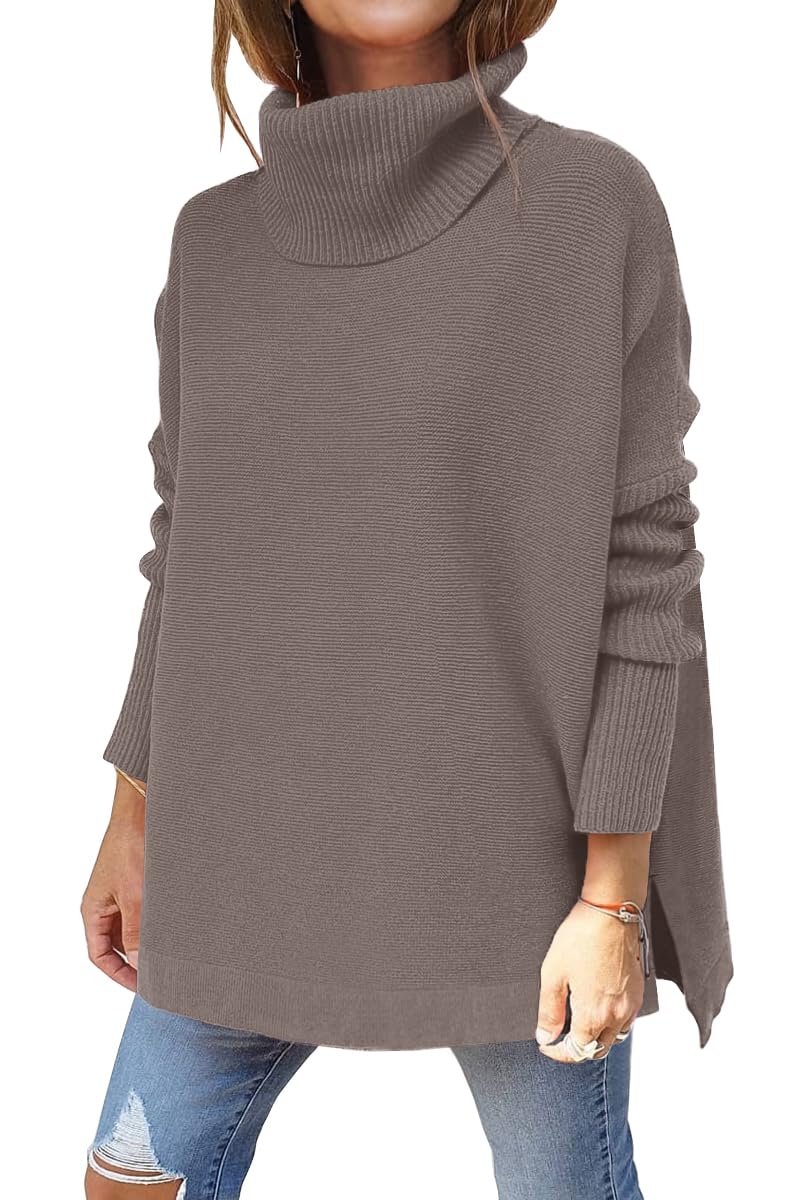 LILLUSORY Women's Oversized Turtleneck Sweater - Long Batwing Sleeve Split Hem Knit Pullover Top for Casual Wear & Winter Fashion