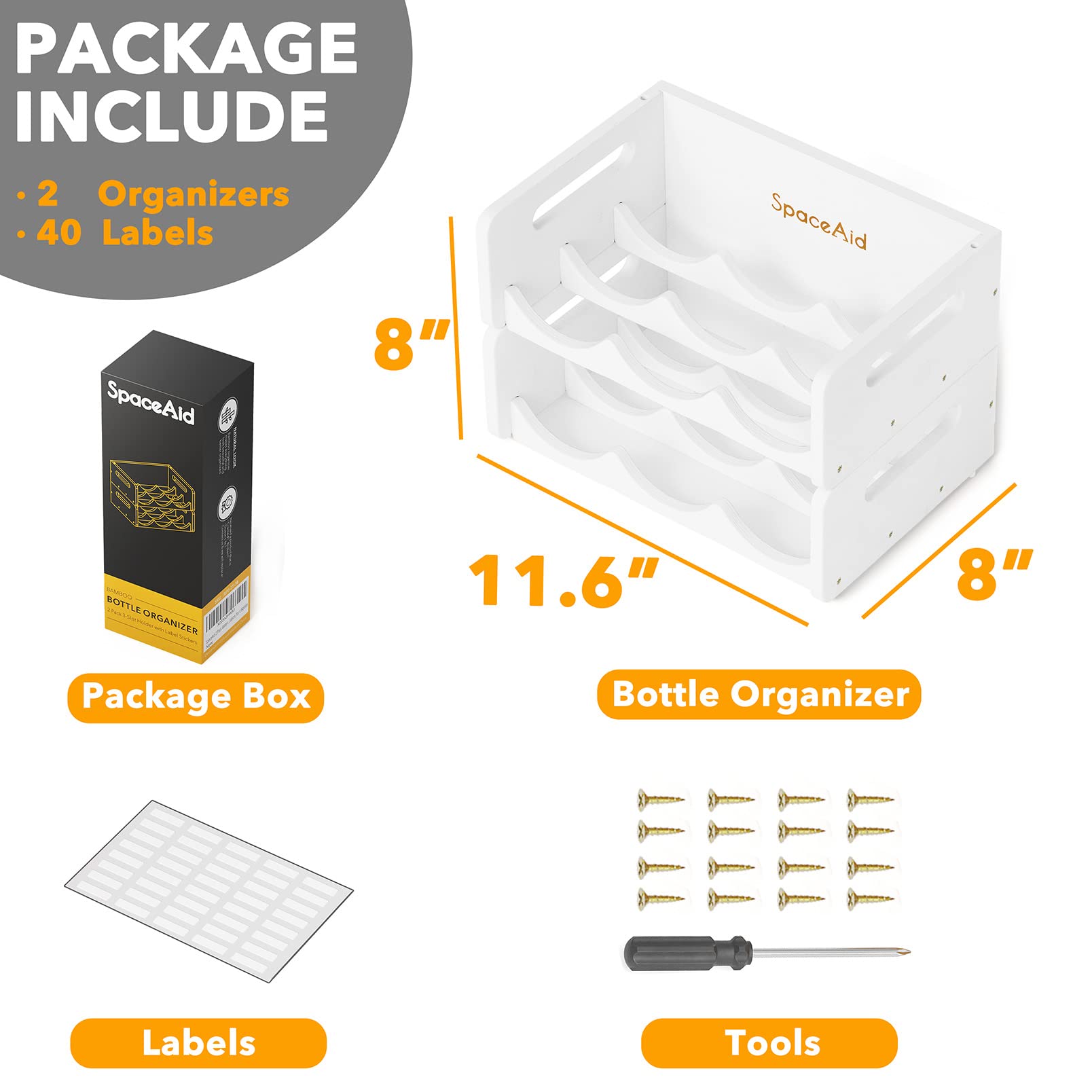 SpaceAid Bamboo Water Bottle Organizer with Labels - 2 Pack 3-Slot Kitchen Pantry Storage Rack for Cabinets, Home Cup & Wine Bottle Holder Shelf Organizer (White) - Perfect for Kitchen, Pantry & Bathroom Organization
