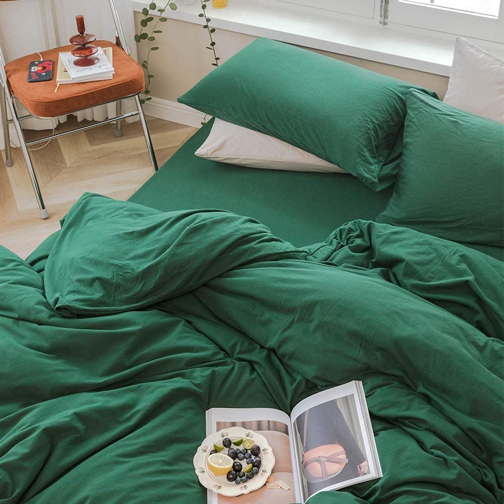 3 Piece Emerald Green Bedding Set - 100% Cotton King/Queen/Twin/Full Duvet Cover Set with Pillowcases | Soft Luxury Bed Sheets for Master Bedroom & Guest Room | Breathable Comforter Cover for All Seasons