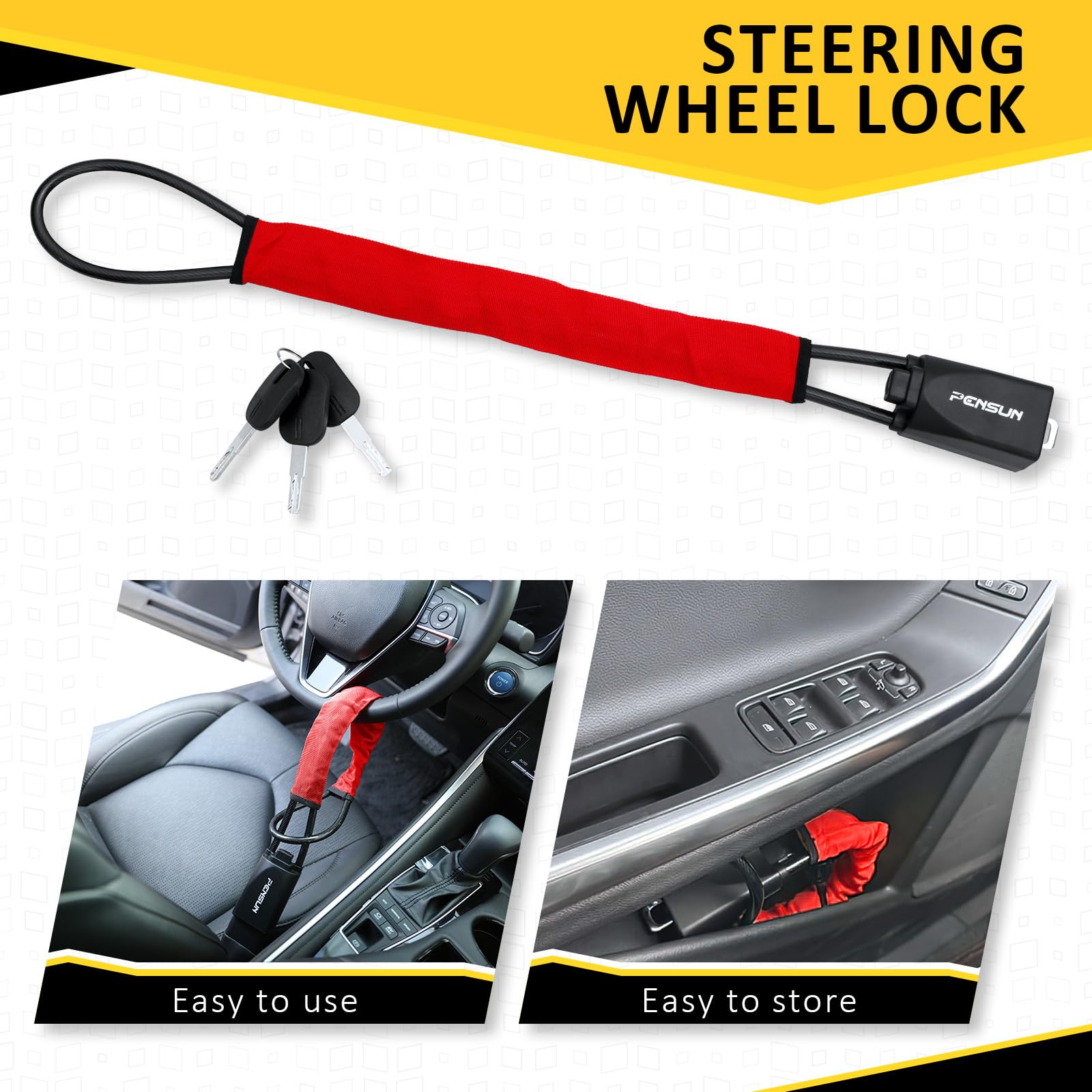 Universal Anti-Theft Car Steering Wheel Lock - Fits Most Vehicles, Trucks, SUVs & Vans - Heavy Duty Security Device with 3 Keys (Red) - Perfect for Parking Protection & Theft Prevention