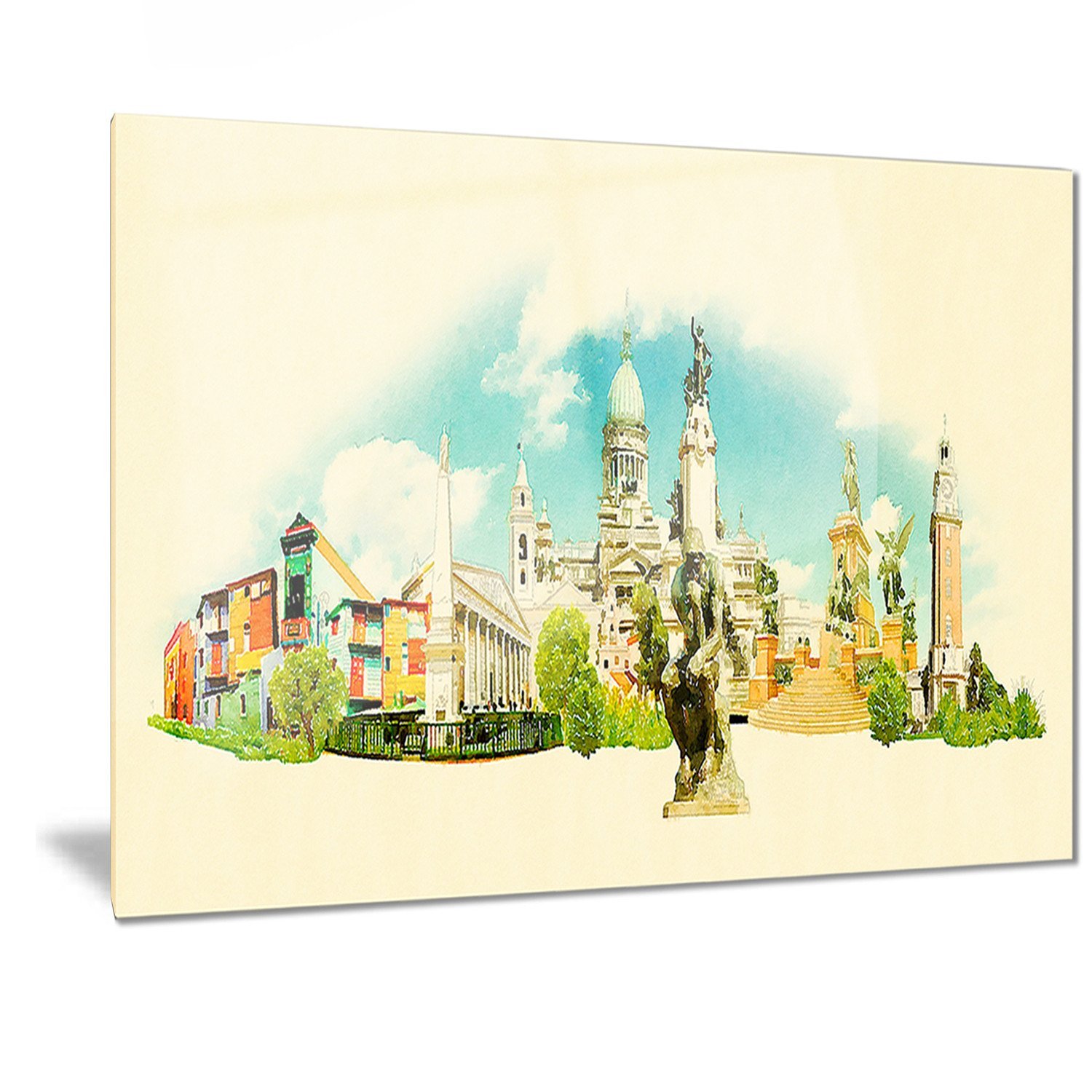 Designart Buenos Aires Panoramic Cityscape Watercolor Metal Wall Art - 40x30 Inches, Modern Home Decor for Living Room, Bedroom & Office - MT7368