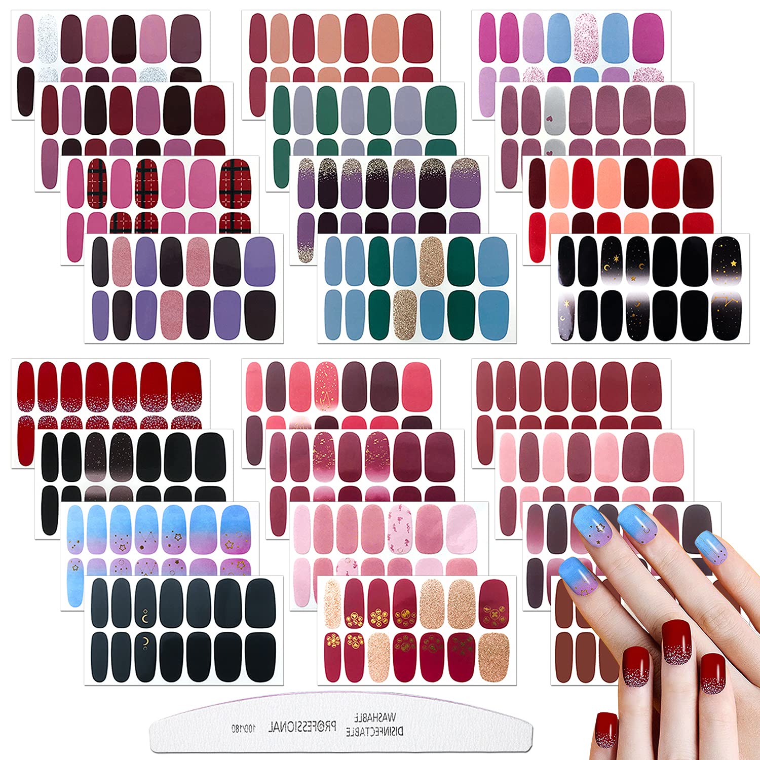 JERCLITY 24 Sheets Solid Color Press On Nail Polish Strips - DIY Gel Nail Wraps & Stickers for Women, Easy Nail Art Designs with Free Nail File | Perfect for Parties, Weddings, Salons & Home Manicures