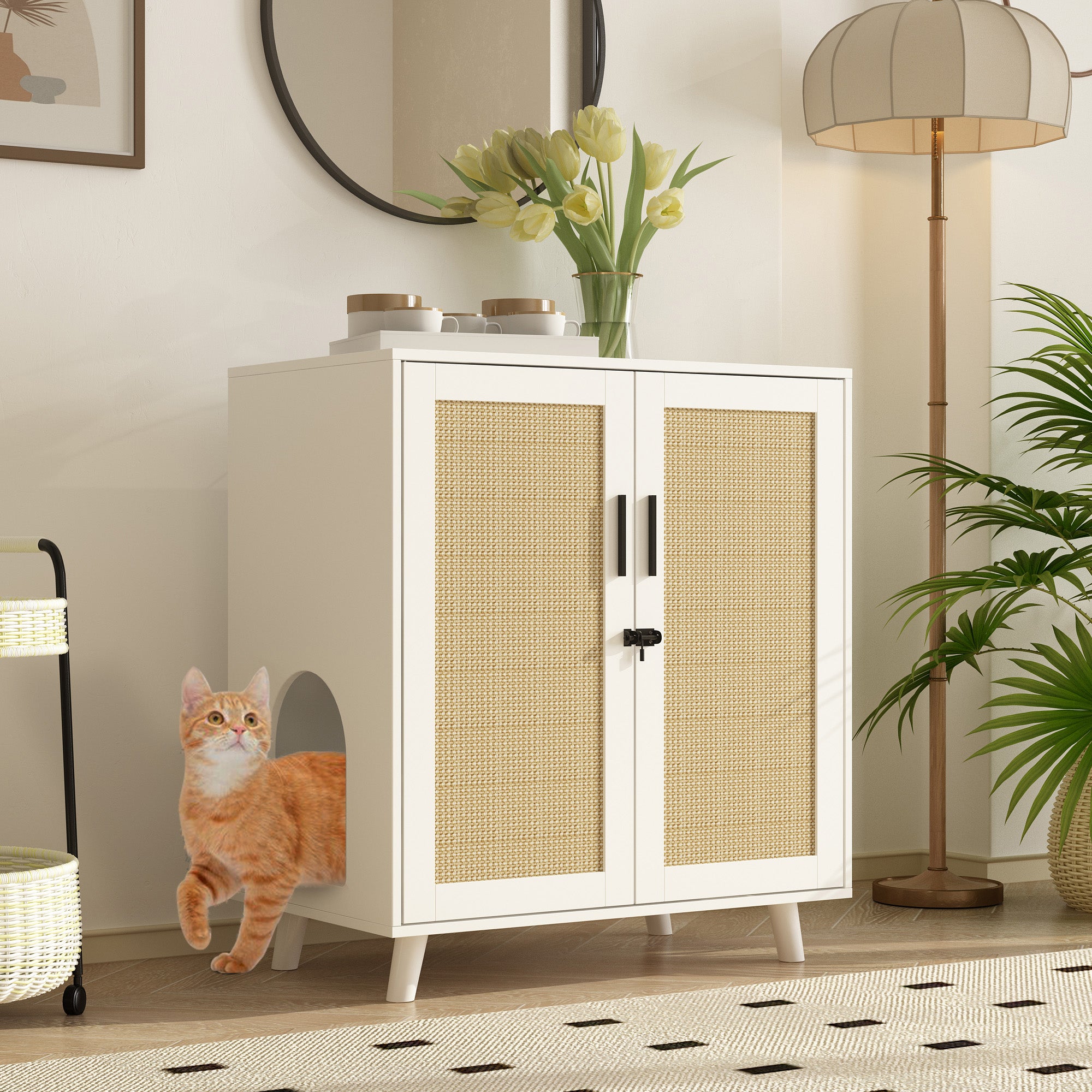 Modern Cat Litter Box Enclosure with Lock & Sisal Scratching Doors - Stylish Furniture-Style Hidden Litter Box for Small Spaces & Apartments